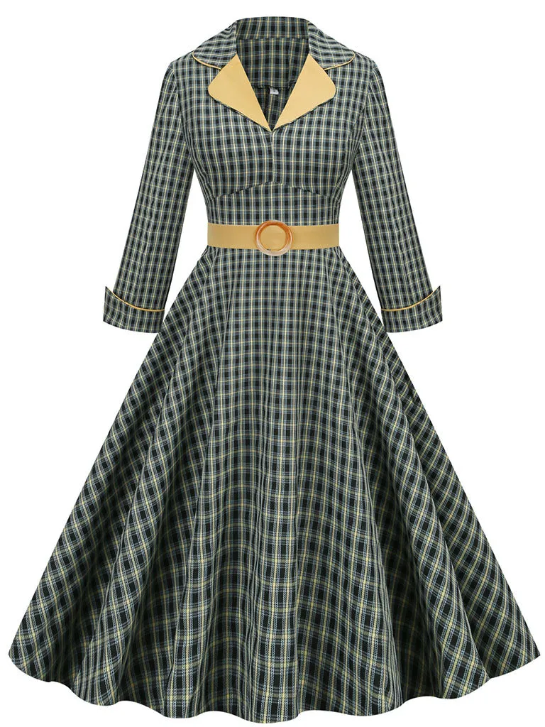 1950S Green Turn Down Collar Plaid Long Sleeve Vintage Swing Dress