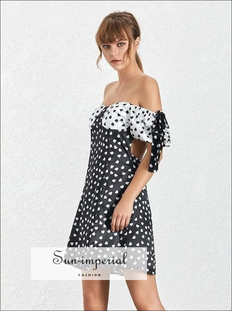 Andria Dress- Women off Shoulder A-line Heart Print High Waist Short Sleeve Mini Dress