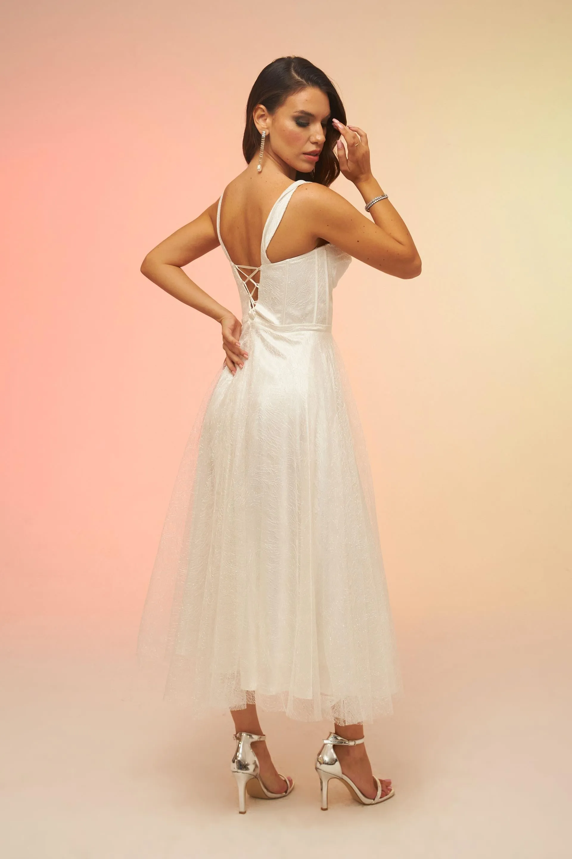 Angelino Ecru Back Tied Glittery Tulle Midi Wedding Dress