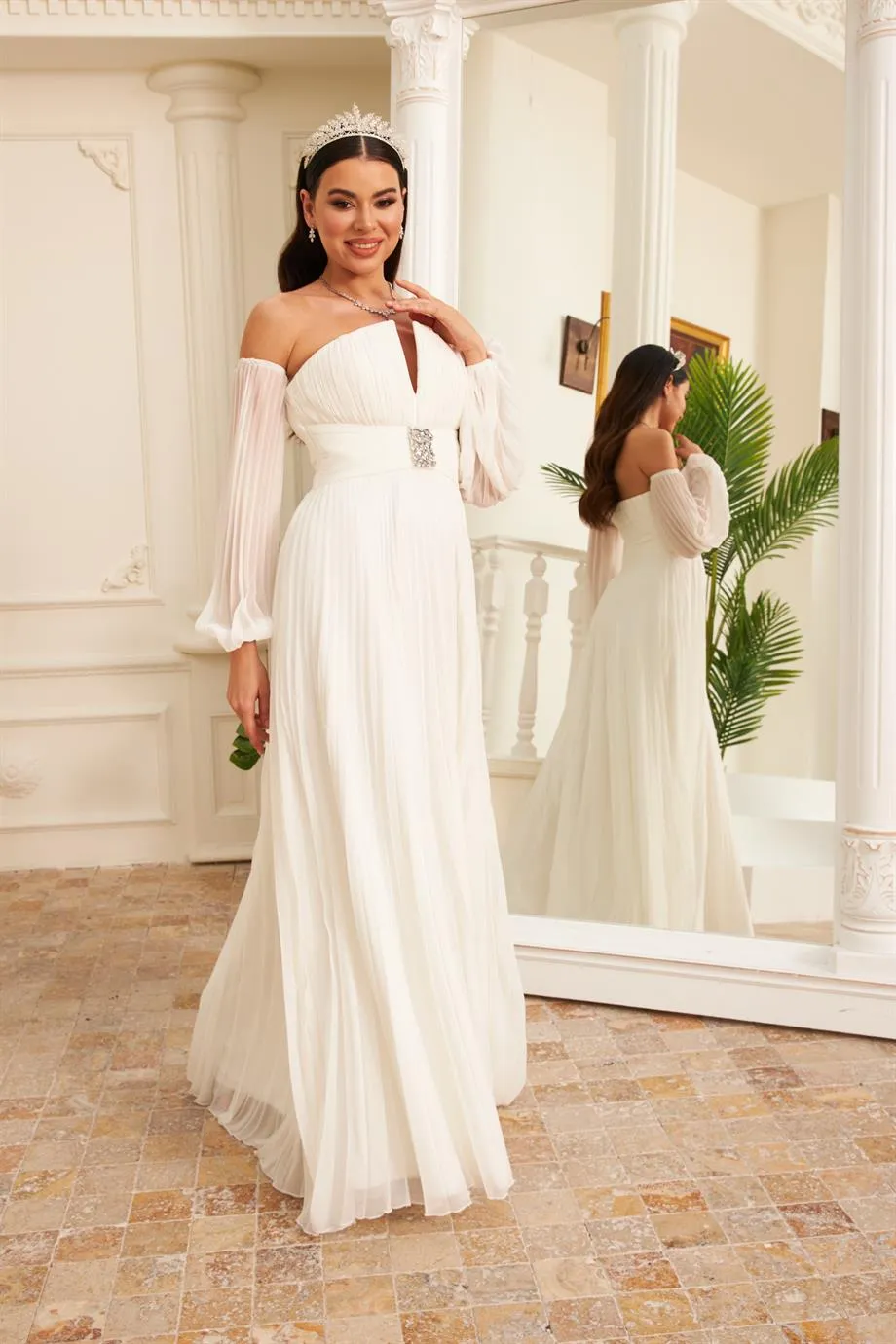 Angelino ecru chiffon belt detailed long wedding and outer gravity dress