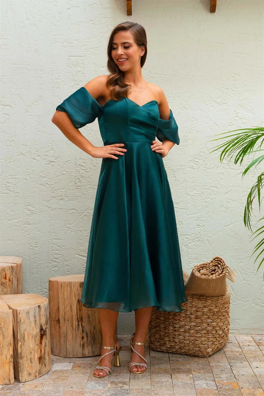 Angelino Emerald Low Sleeve Organze Engagement Evening Dress