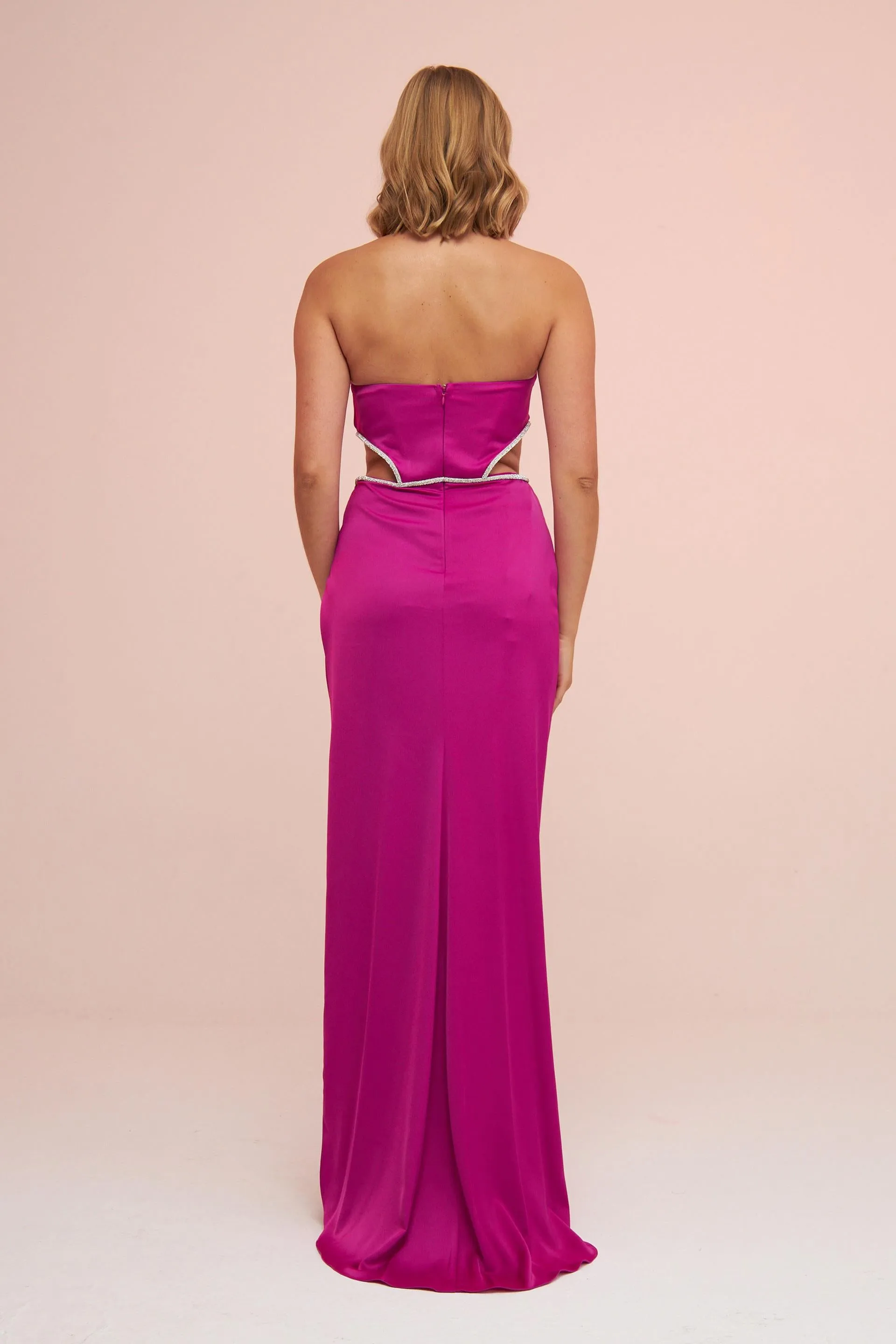 Angelino Fuchsia Satin Strapless Long Evening Dress with Side Slit