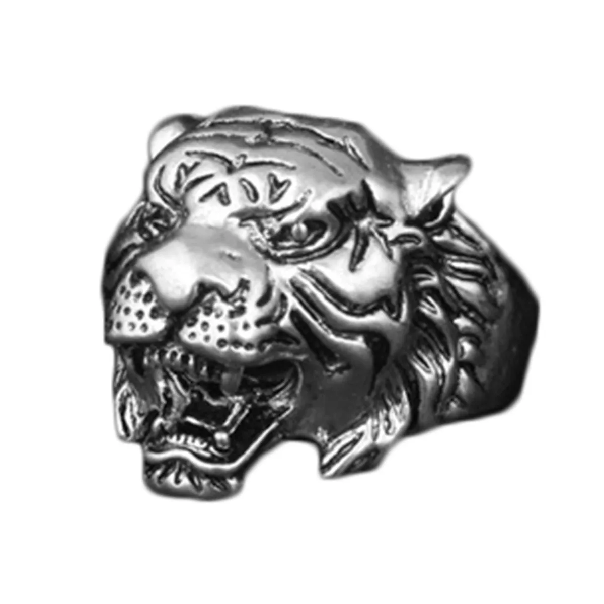 Biker Vintage Oxidise Silver Stainless Steel Roaring Lion Head Ring