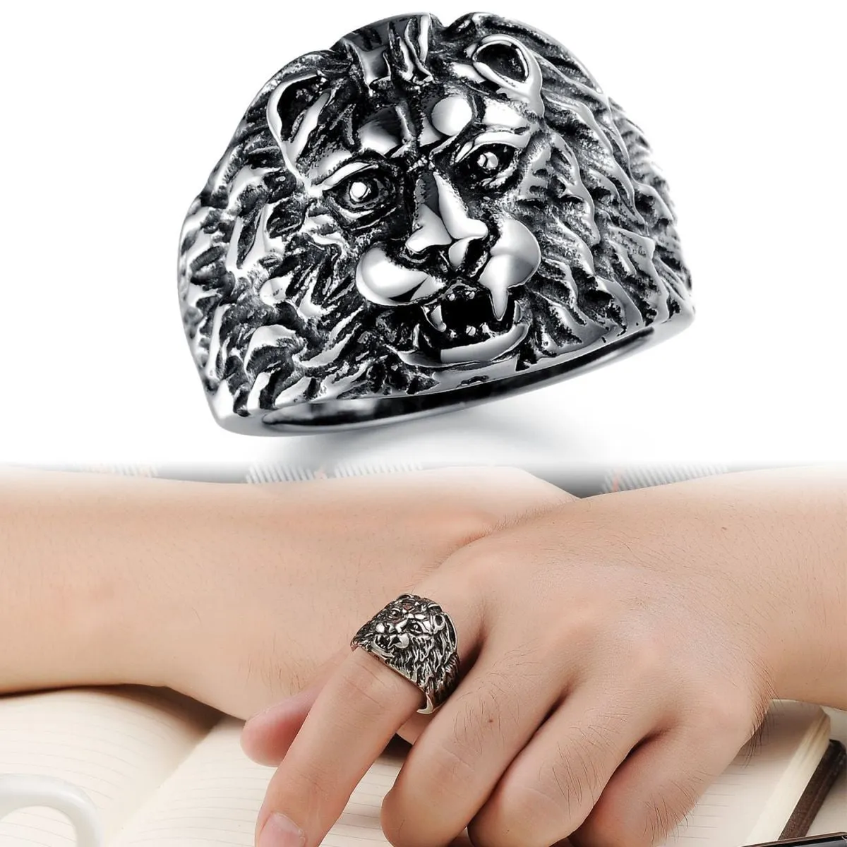 Biker Vintage Oxidise Silver Stainless Steel Roaring Lion Head Ring