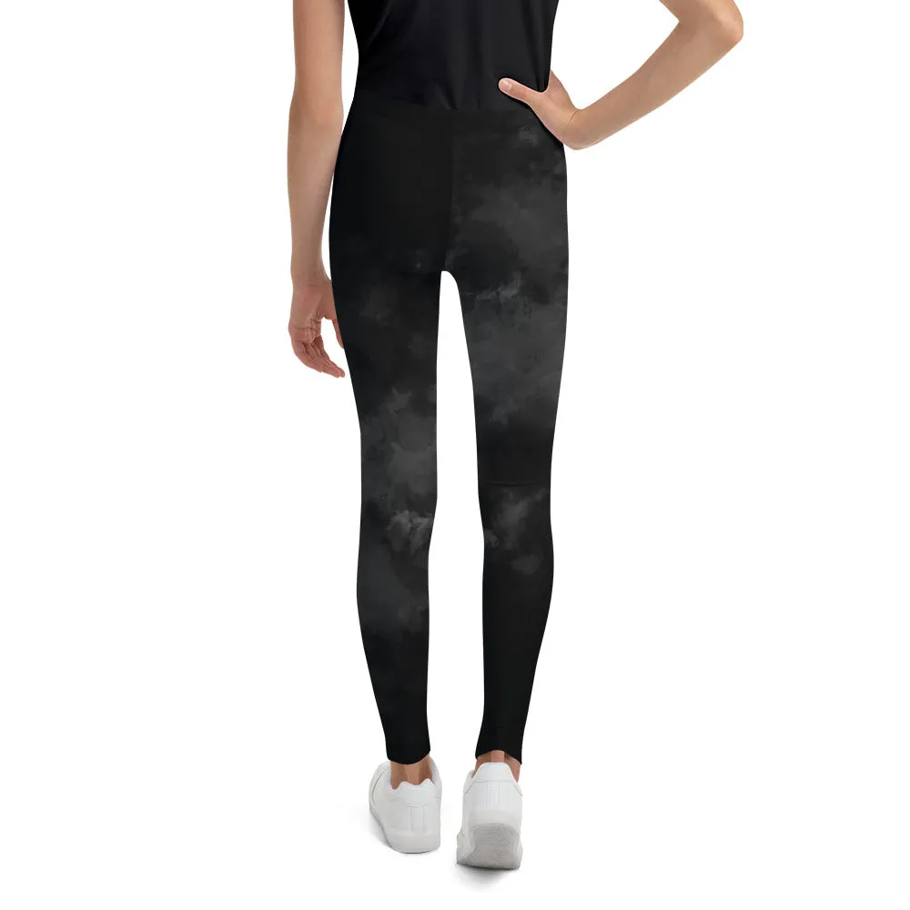 Black Abstract Youth's Leggings, Clouds Print Premium Youth Sports Tights-Made in USA