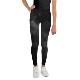 Black Abstract Youth's Leggings, Clouds Print Premium Youth Sports Tights-Made in USA