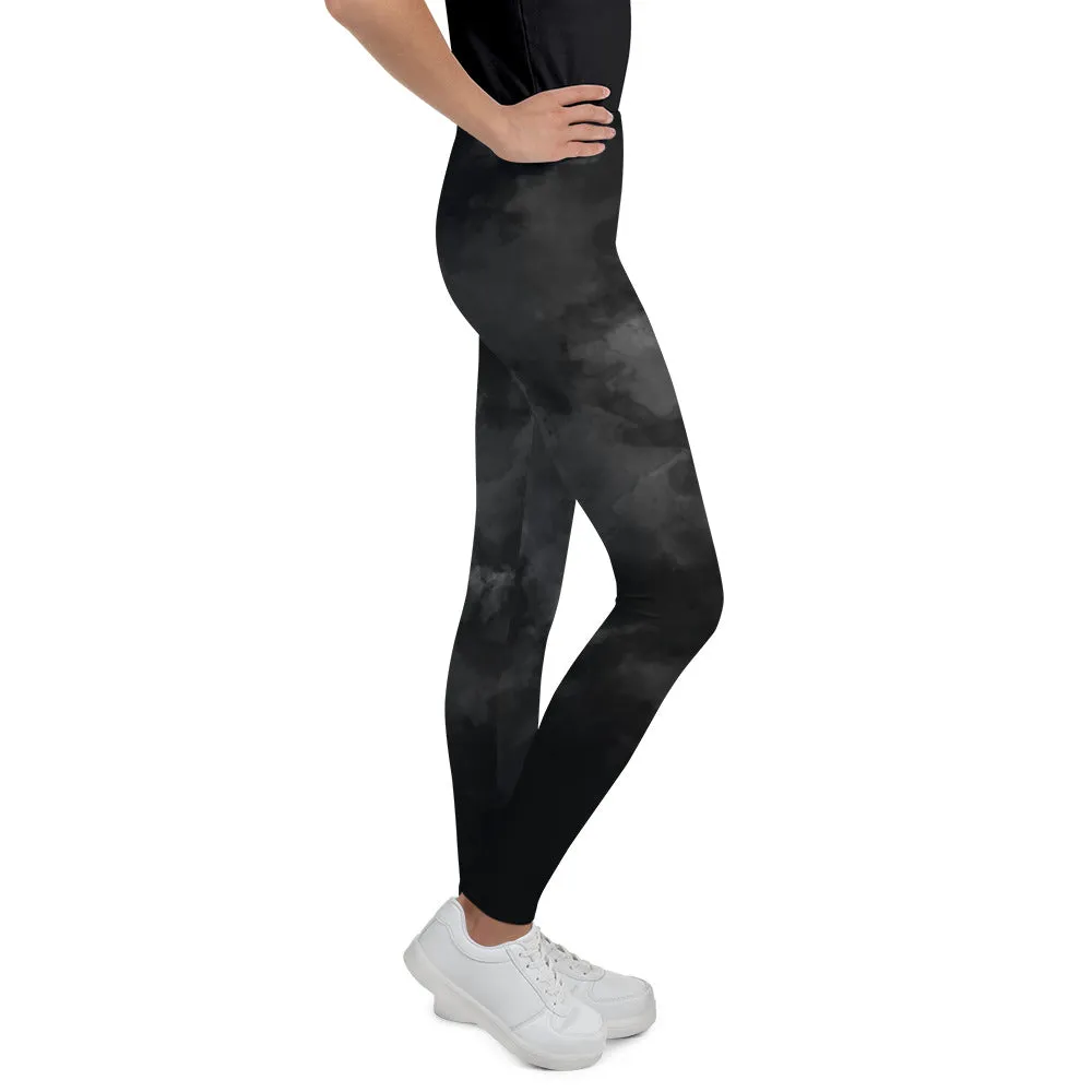 Black Abstract Youth's Leggings, Clouds Print Premium Youth Sports Tights-Made in USA