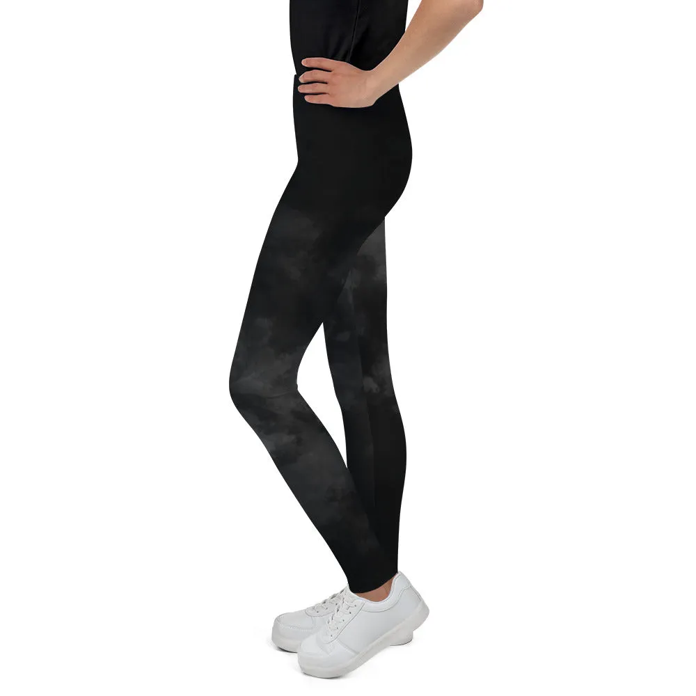 Black Abstract Youth's Leggings, Clouds Print Premium Youth Sports Tights-Made in USA