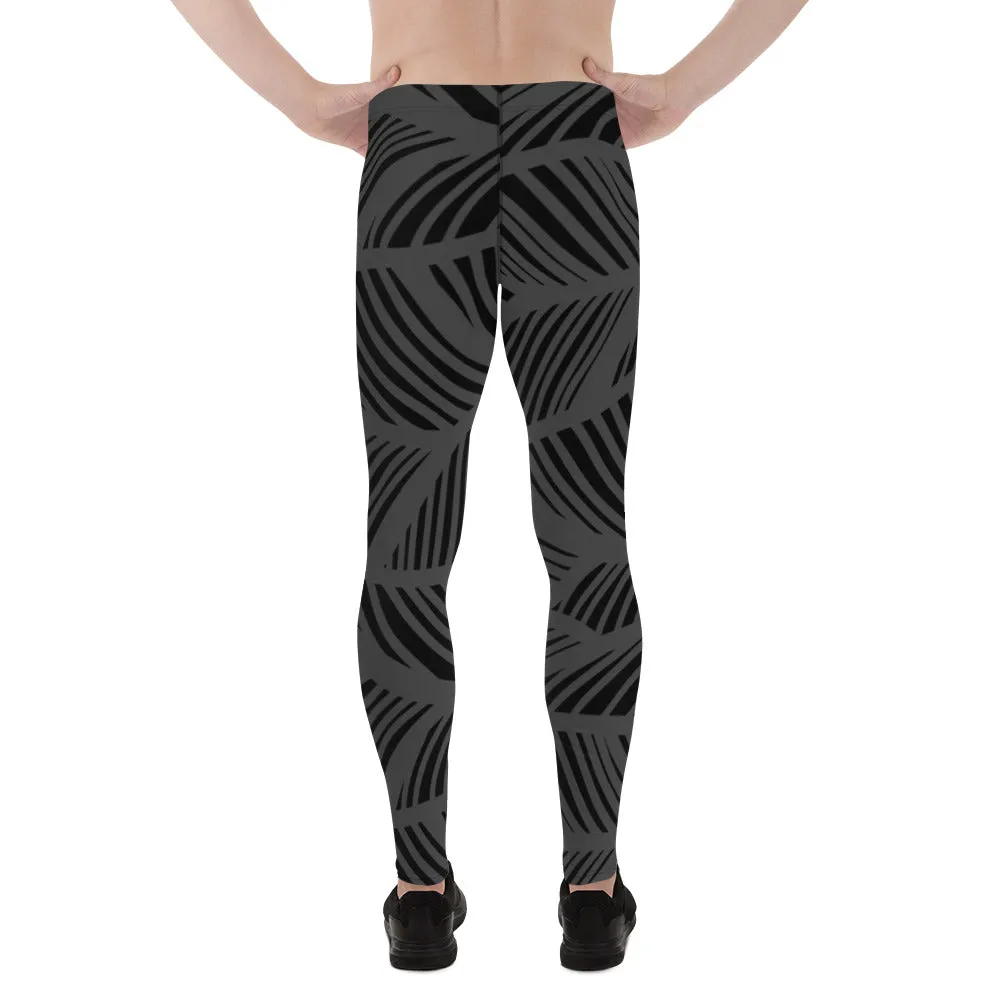 Black Grey Abstract Men's Leggings, Black and Grey Abstract Patterned Meggings Running Tights For Men-Made in USA/EU/MX