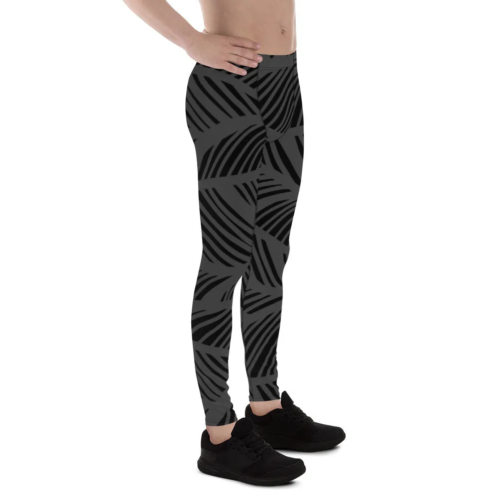 Black Grey Abstract Men's Leggings, Black and Grey Abstract Patterned Meggings Running Tights For Men-Made in USA/EU/MX