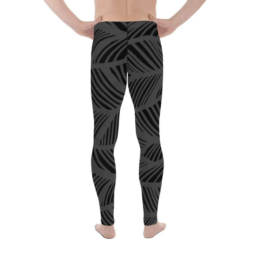 Black Grey Abstract Men's Leggings, Black and Grey Abstract Patterned Meggings Running Tights For Men-Made in USA/EU/MX