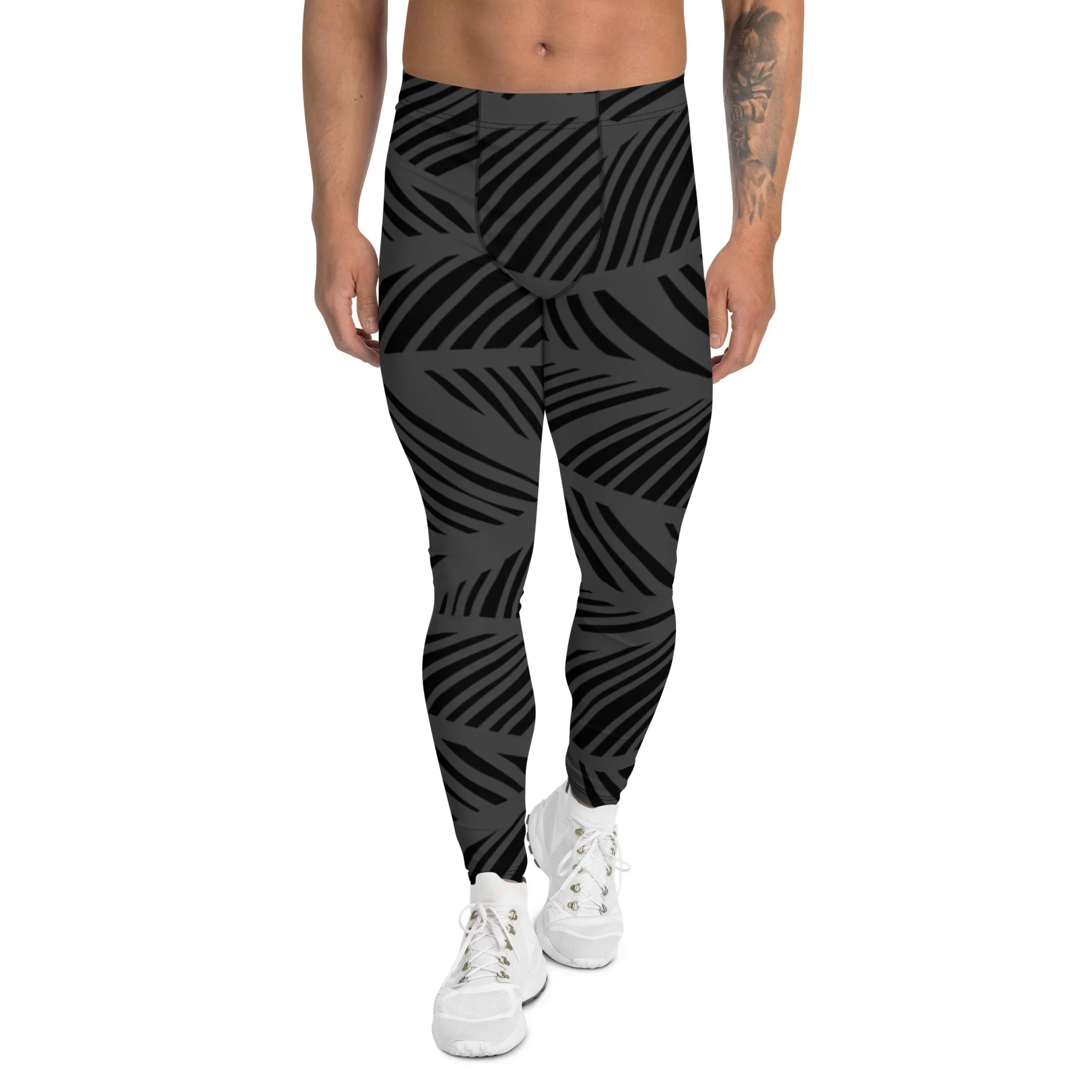 Black Grey Abstract Men's Leggings, Black and Grey Abstract Patterned Meggings Running Tights For Men-Made in USA/EU/MX