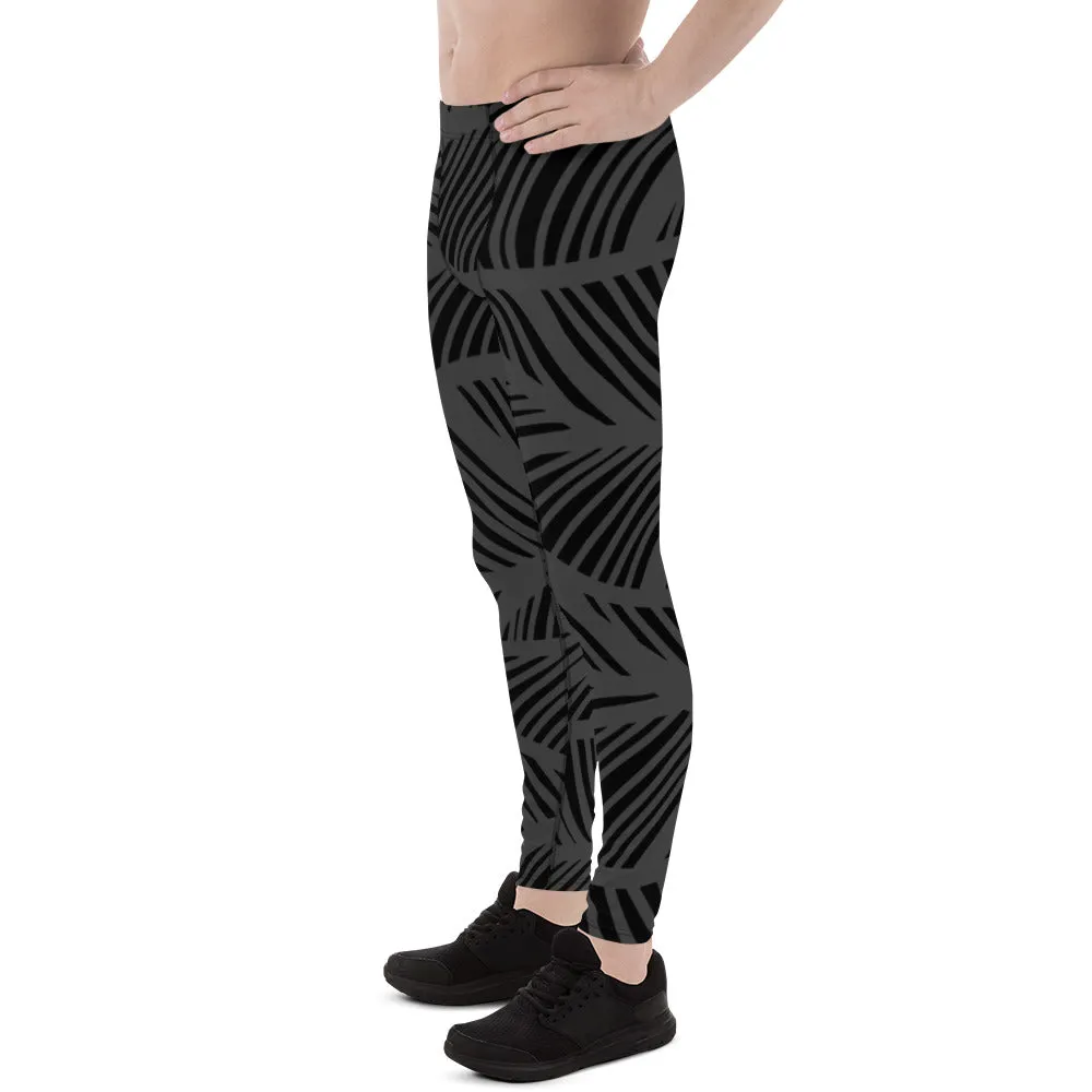 Black Grey Abstract Men's Leggings, Black and Grey Abstract Patterned Meggings Running Tights For Men-Made in USA/EU/MX