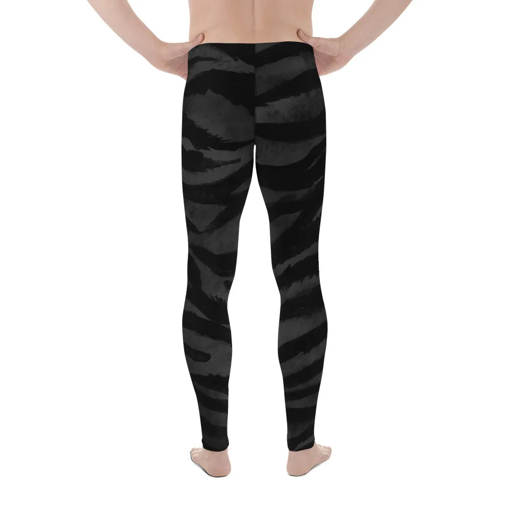 Black Tiger Stripe Men's Leggings, Men's Yoga Pants Running Long Tights- Made in USA/EU