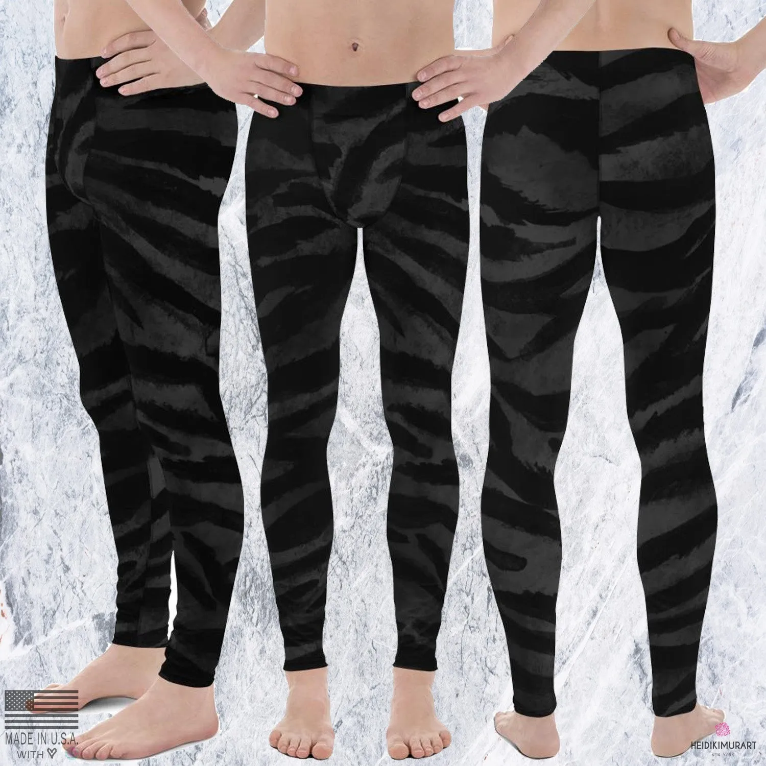 Black Tiger Stripe Men's Leggings, Men's Yoga Pants Running Long Tights- Made in USA/EU