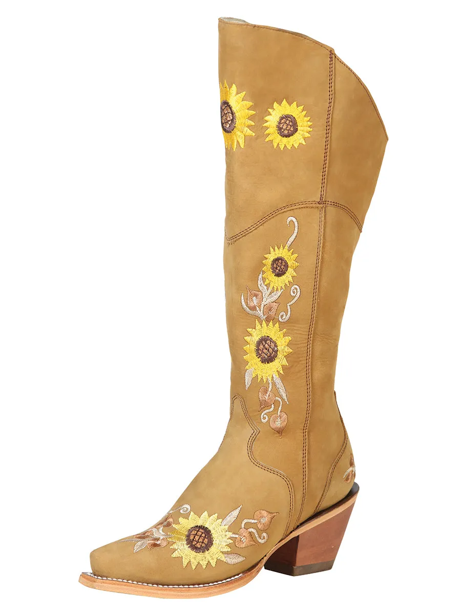 Botas Vaqueras Altas con Tubo Bordado de Girasoles de Piel Nobuck para Mujer 'El General' - ID: 43917