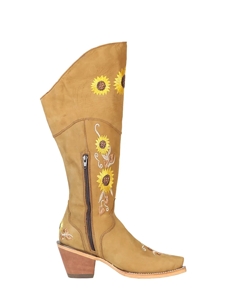 Botas Vaqueras Altas con Tubo Bordado de Girasoles de Piel Nobuck para Mujer 'El General' - ID: 43917