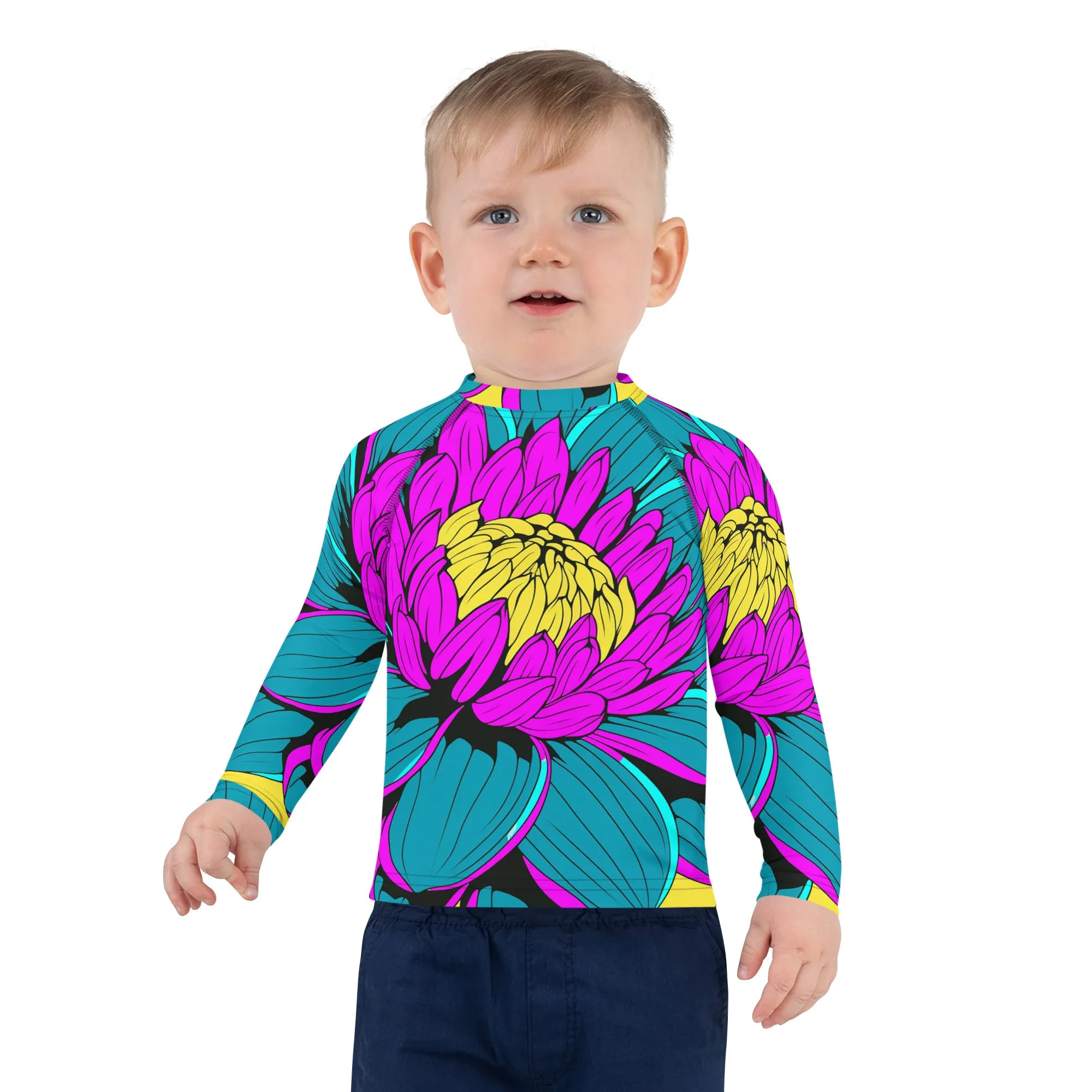 Boy's Pop Art BJJ Long Sleeve Rash Guards - Roy Lichtenstein Inspired Dahlia Print 001