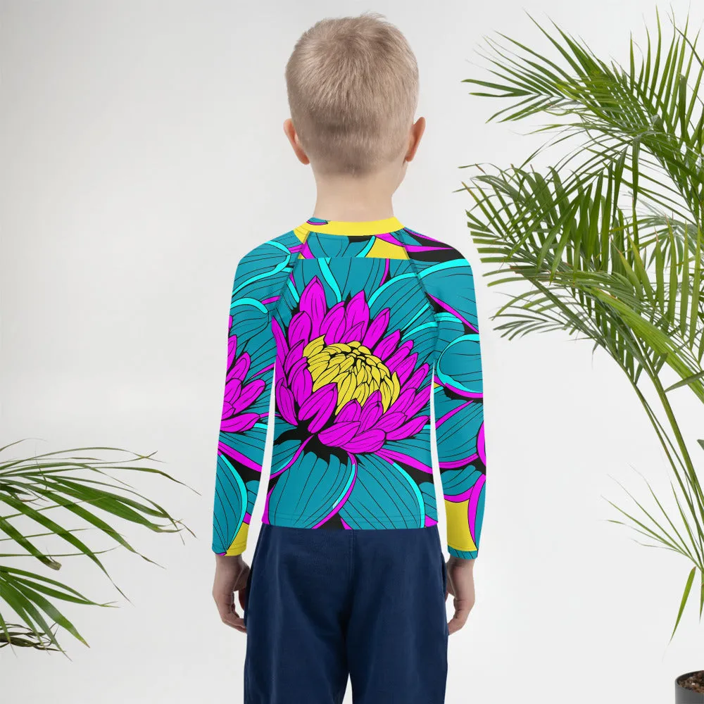 Boy's Pop Art BJJ Long Sleeve Rash Guards - Roy Lichtenstein Inspired Dahlia Print 001