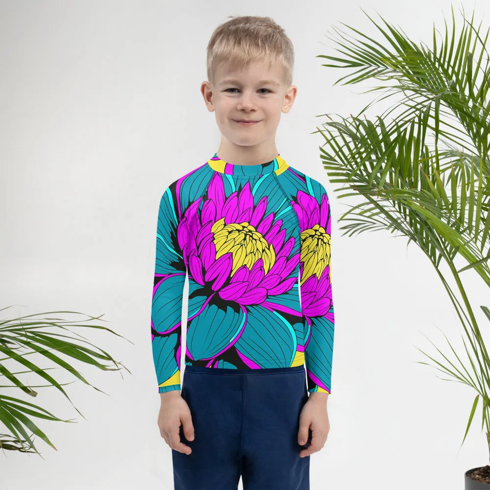 Boy's Pop Art BJJ Long Sleeve Rash Guards - Roy Lichtenstein Inspired Dahlia Print 001