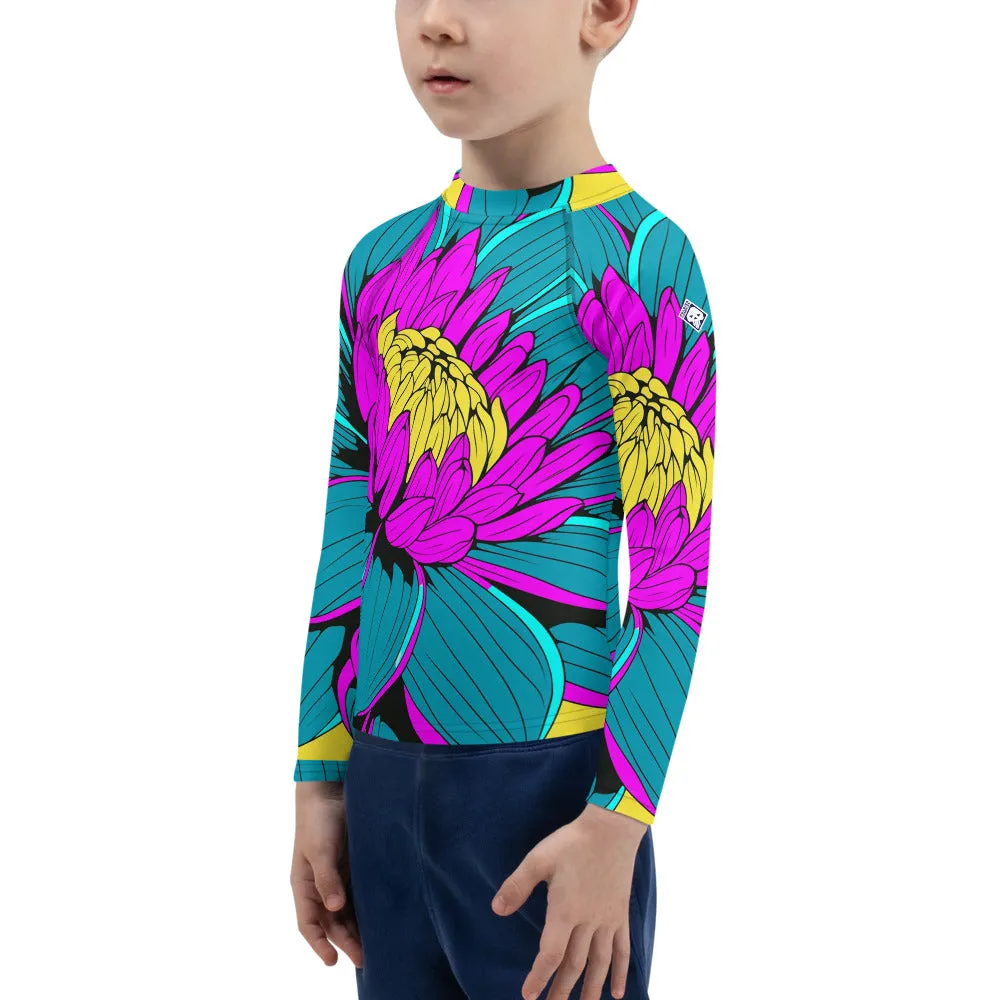 Boy's Pop Art BJJ Long Sleeve Rash Guards - Roy Lichtenstein Inspired Dahlia Print 001