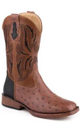 Boys Roper Tan Faux Ostrich Western Square Toe Boot