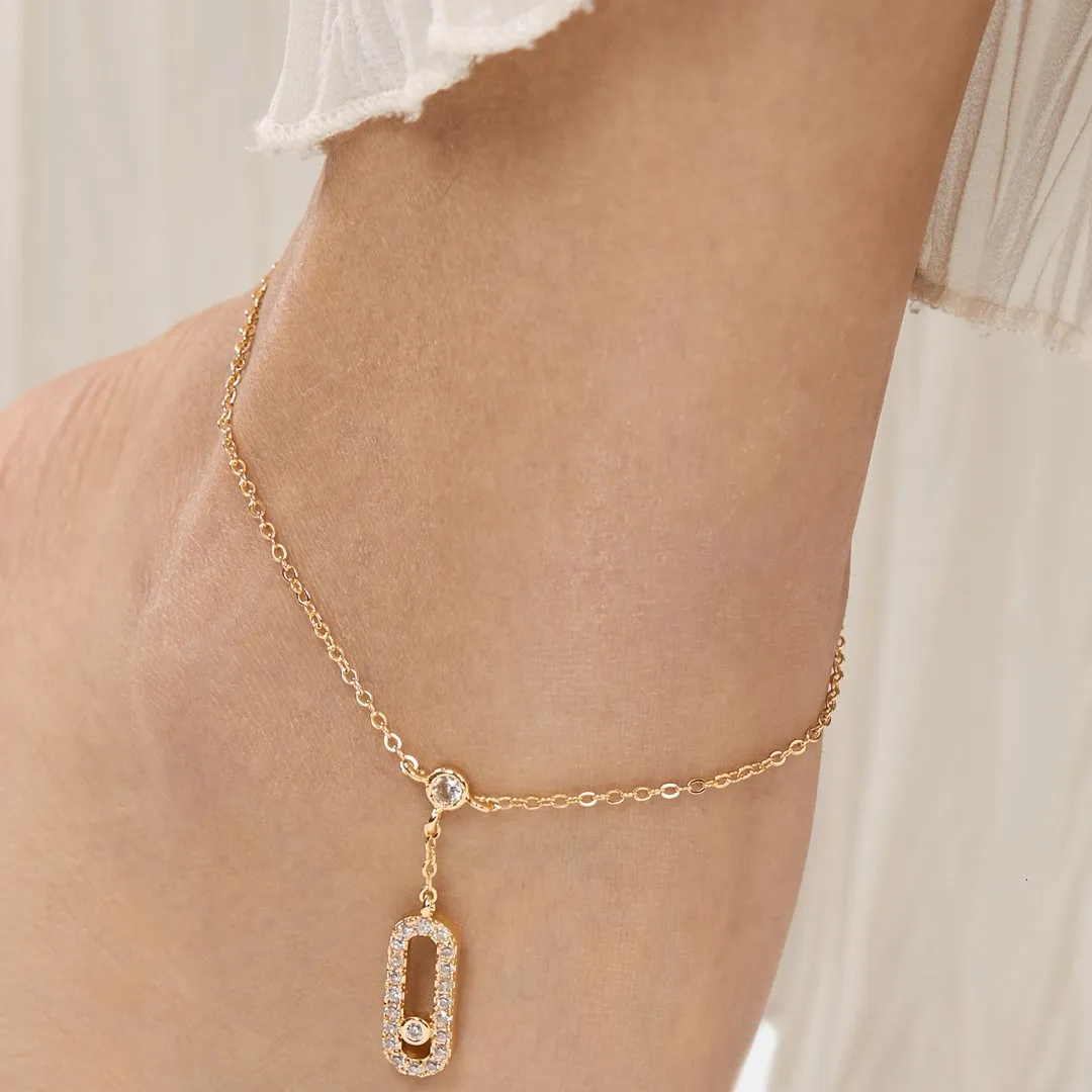 Brass 18k Rose Gold Crystal Studded Motif Chain Anklet For Women