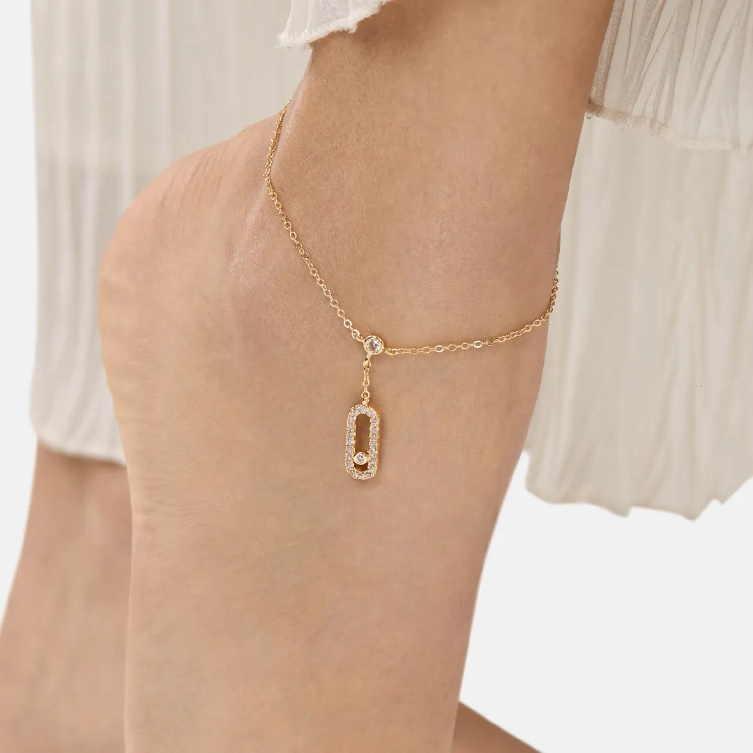 Brass 18k Rose Gold Crystal Studded Motif Chain Anklet For Women