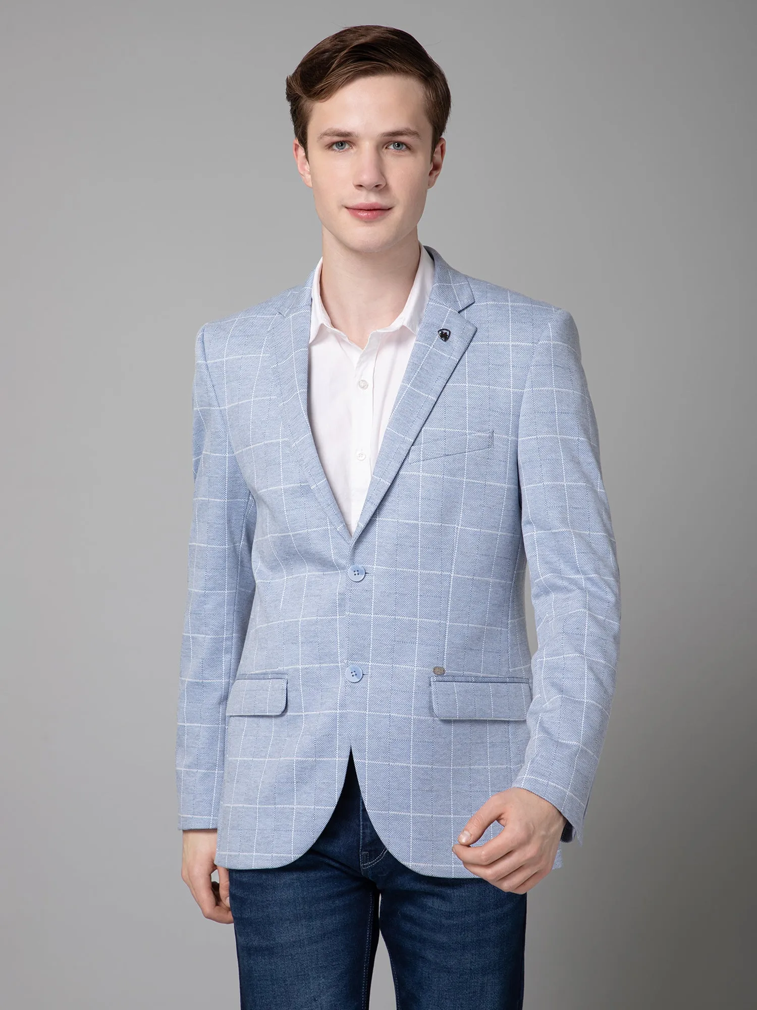 Cantabil Blue Checkered Full Sleeves Casual Blazer For Men