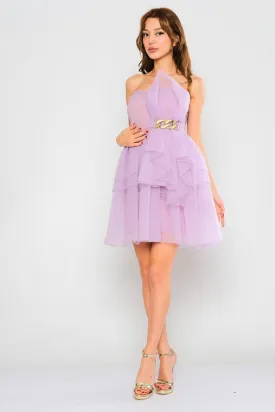 Chiffon Layered Mini dress with Removable Strap - Lilac