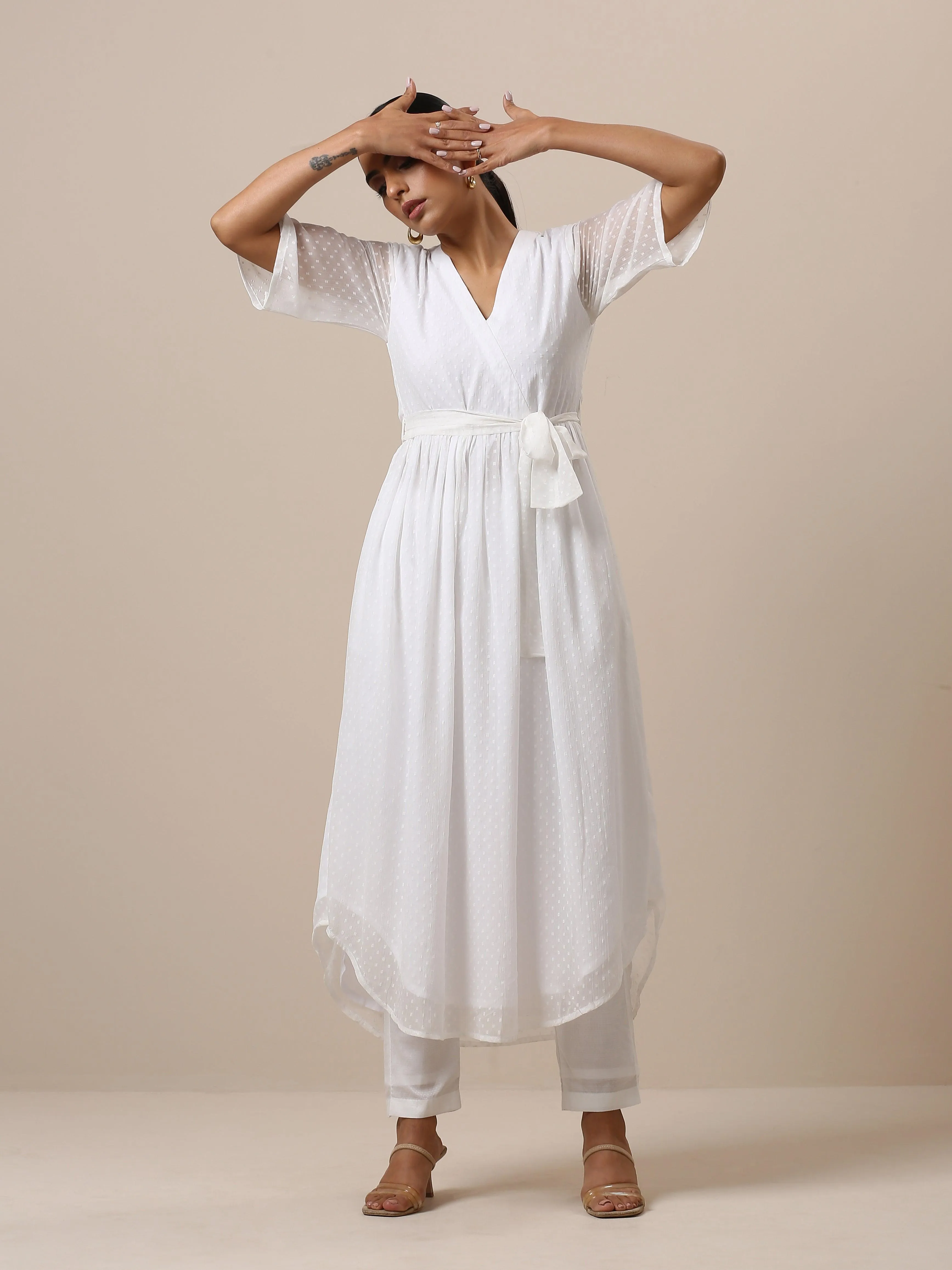 Chiffon White Dobby Wrap Kurta Pant Set