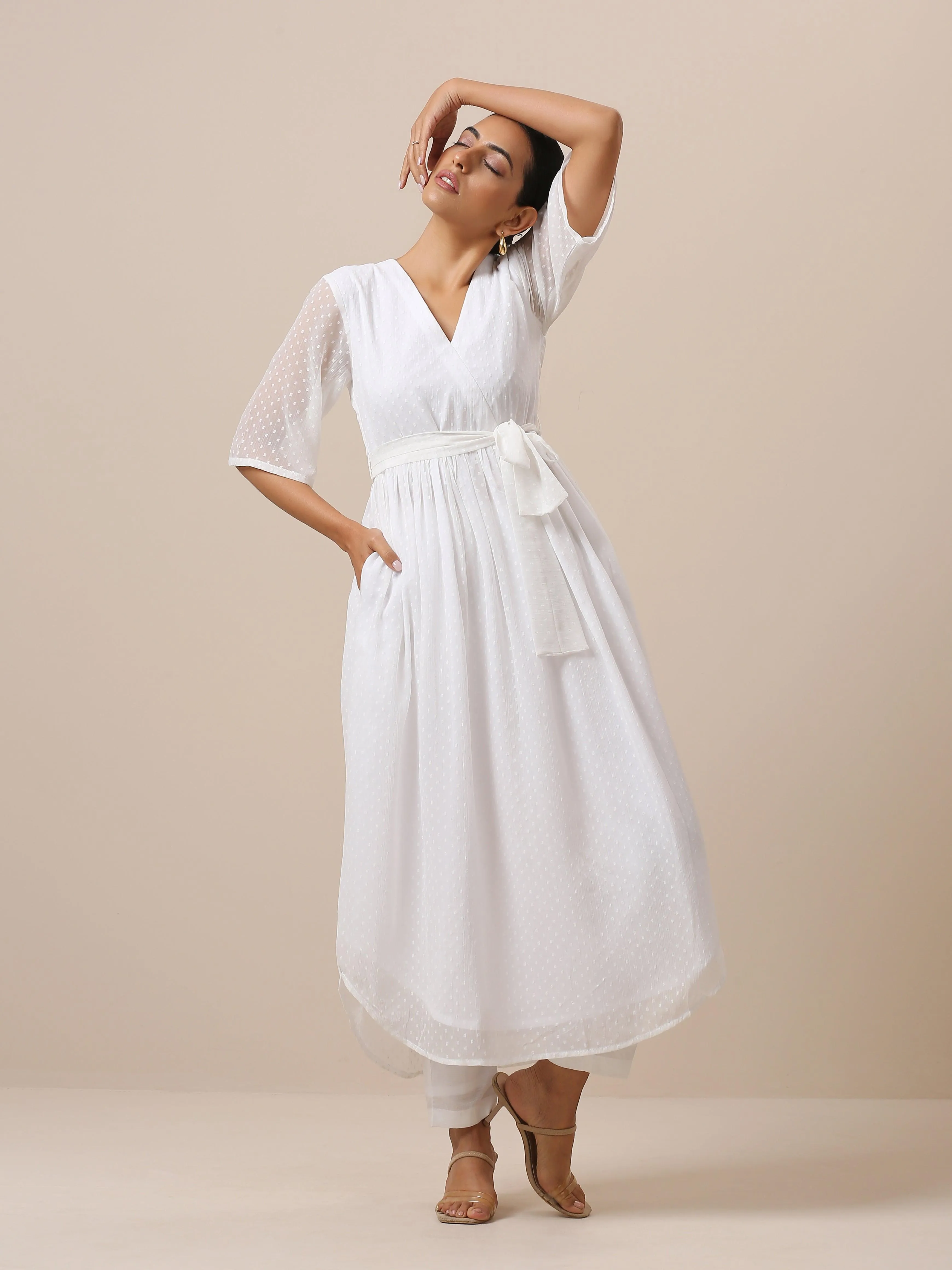 Chiffon White Dobby Wrap Kurta Pant Set