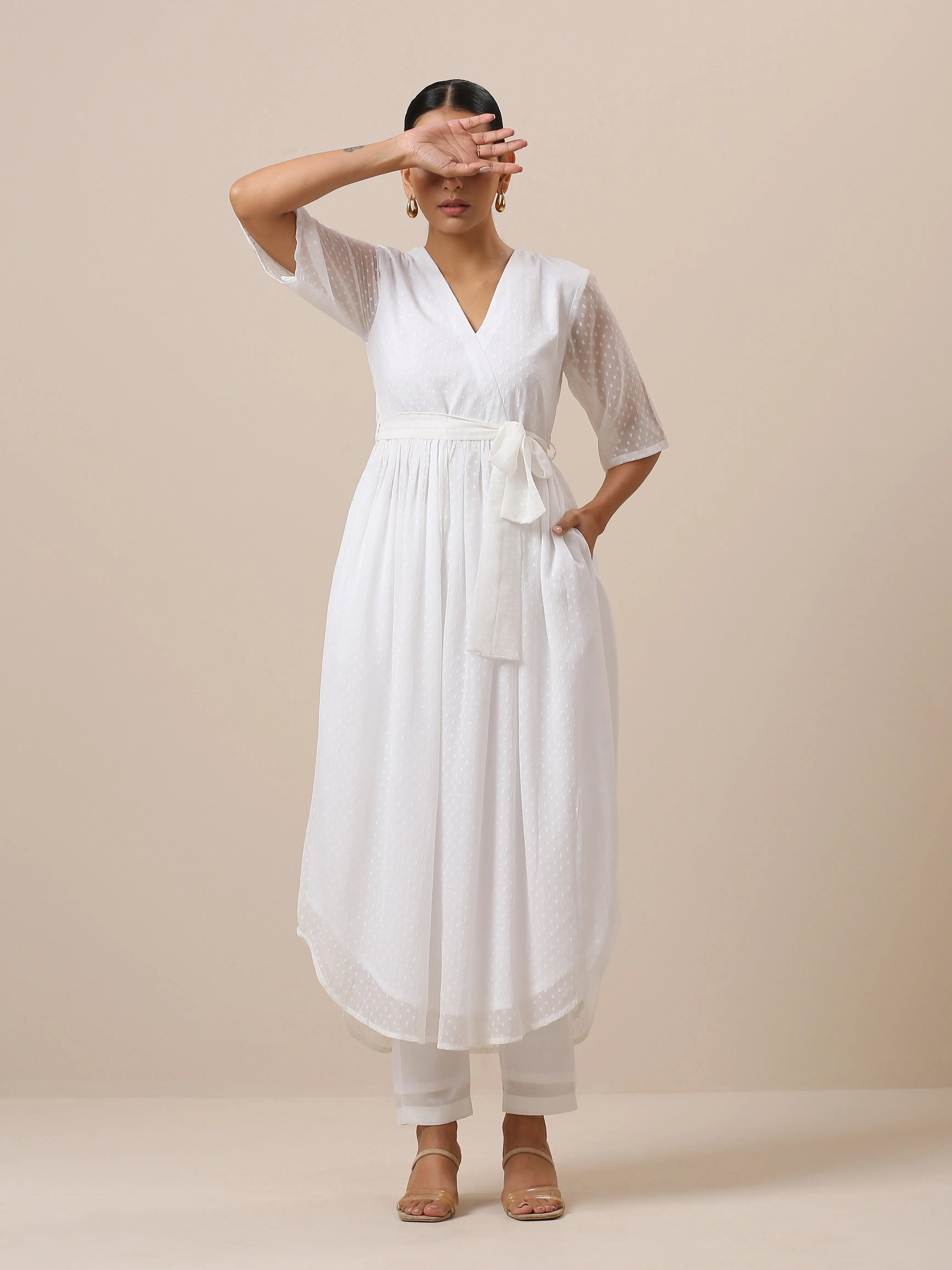 Chiffon White Dobby Wrap Kurta Pant Set