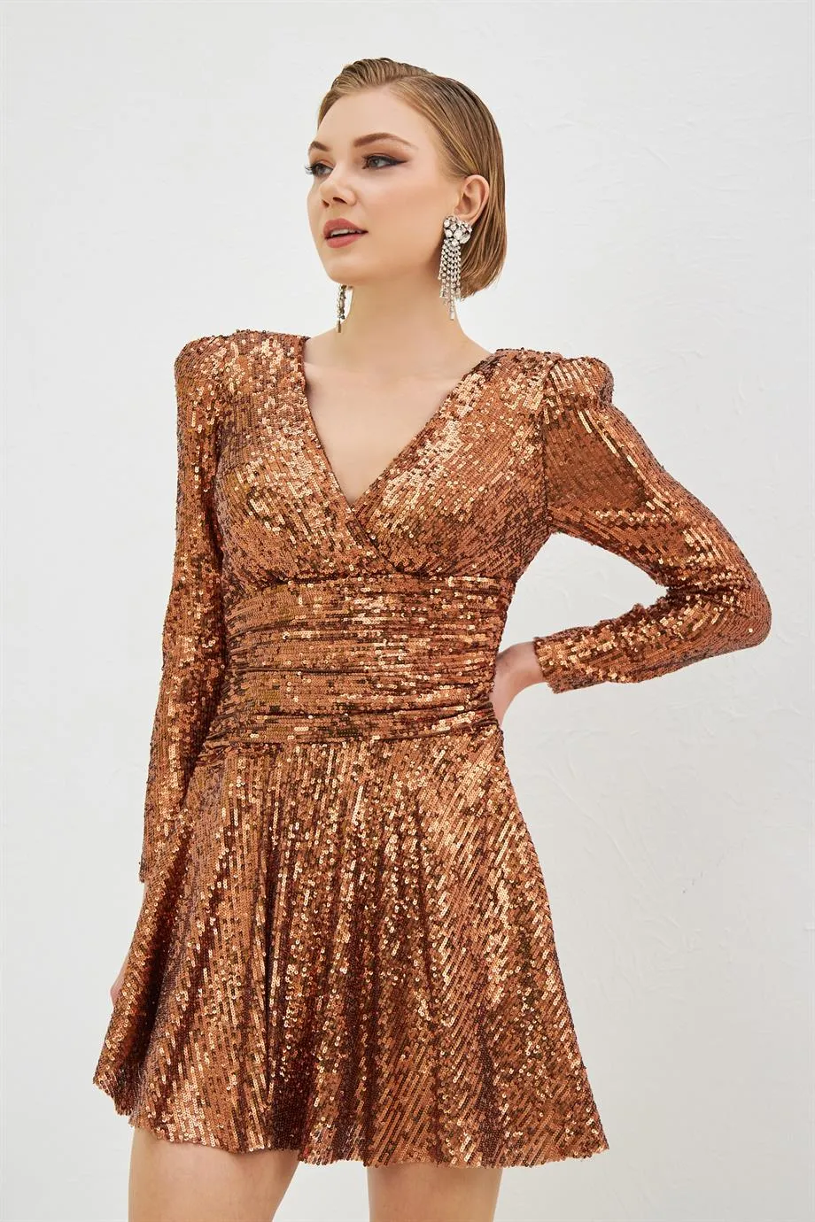 Copper Sequin Sequined Long Sleeve Short Evening Dress