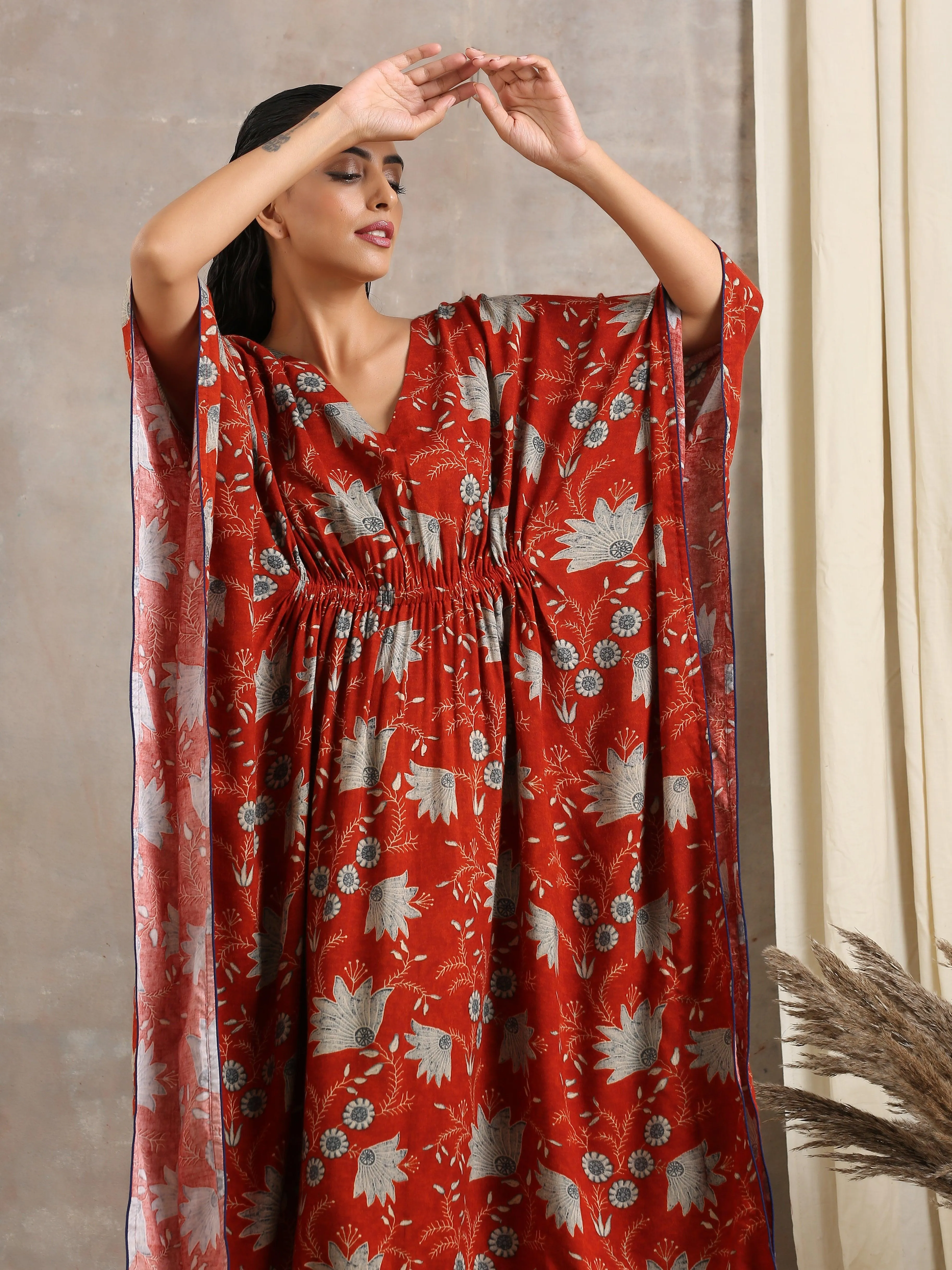 Cotton Rust Brown Floral Printed Kaftan