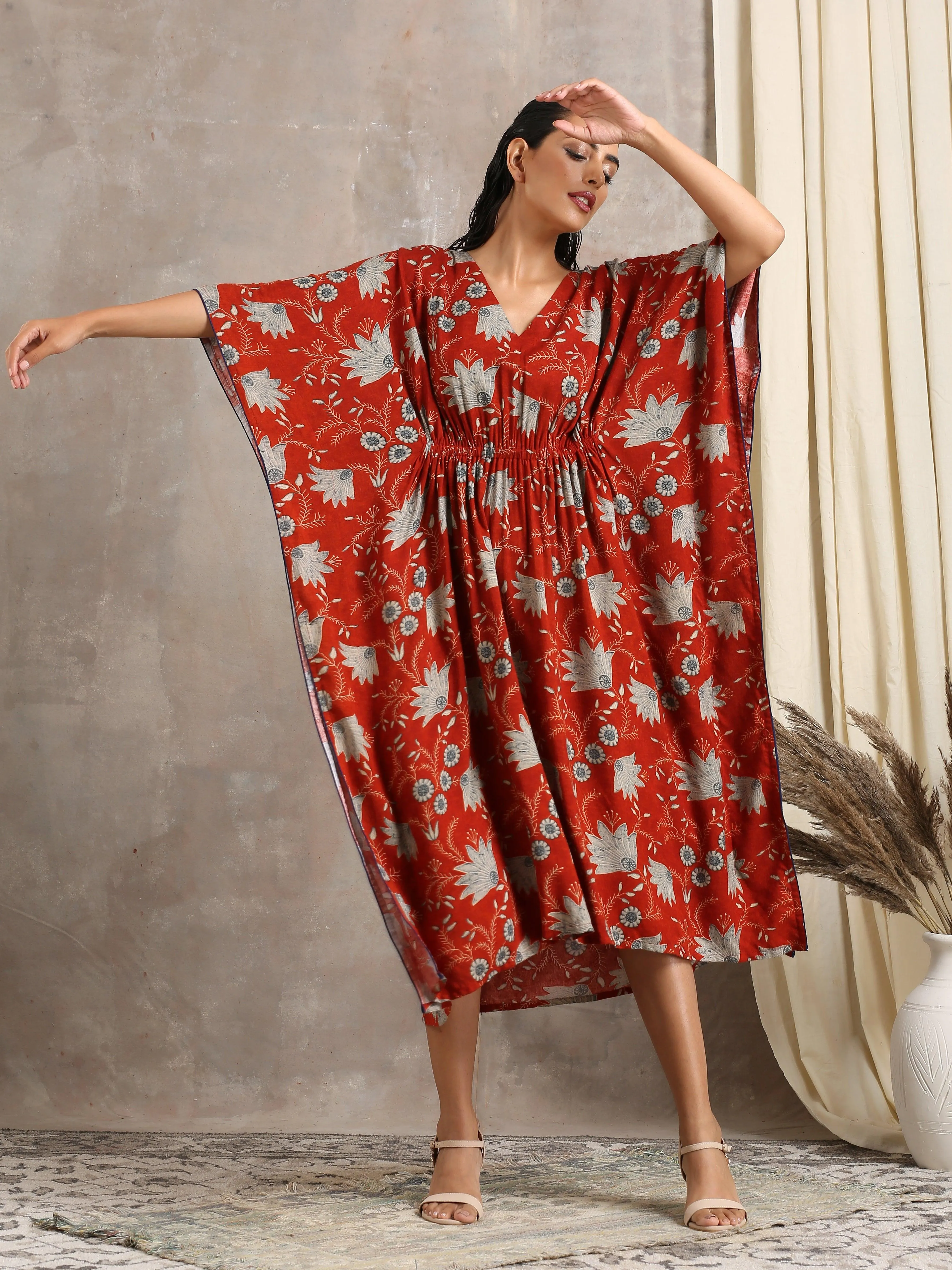 Cotton Rust Brown Floral Printed Kaftan