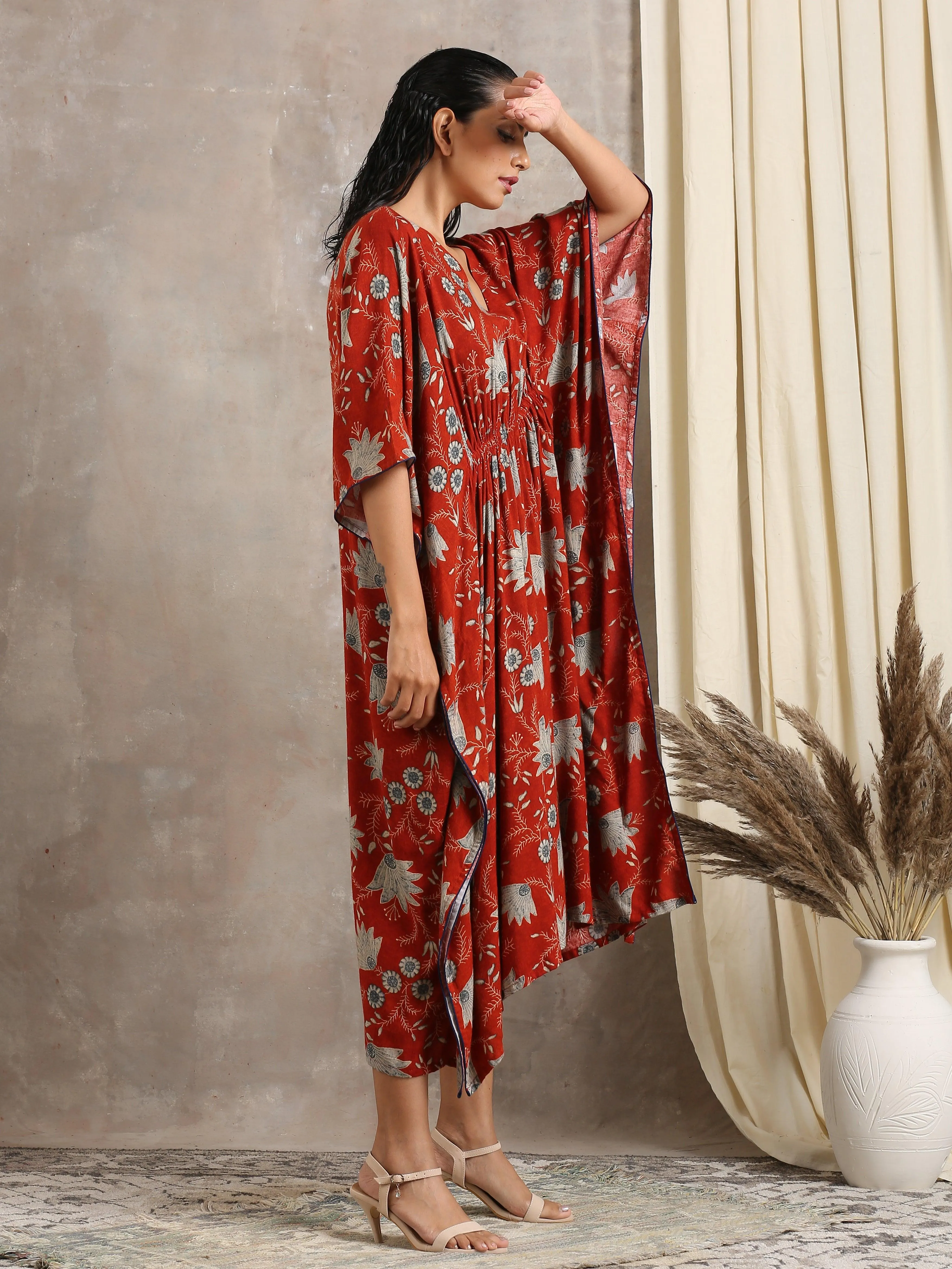 Cotton Rust Brown Floral Printed Kaftan