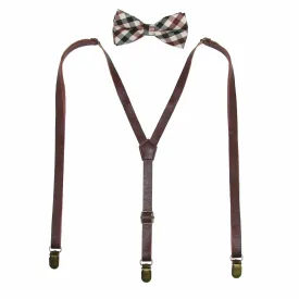 CTM® Men's Brown Plaid Bow Tie with Brown Faux Leather Suspender Set