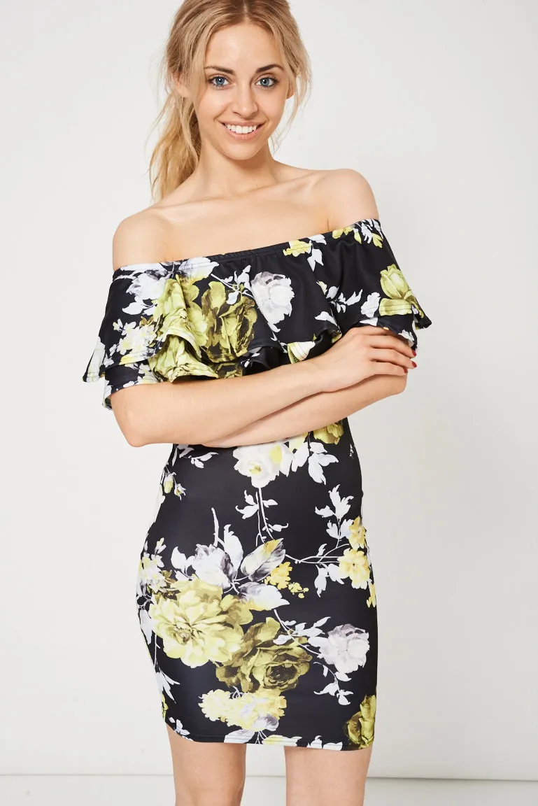 Double Frill Bardot Mini Dress With Floral Pattern