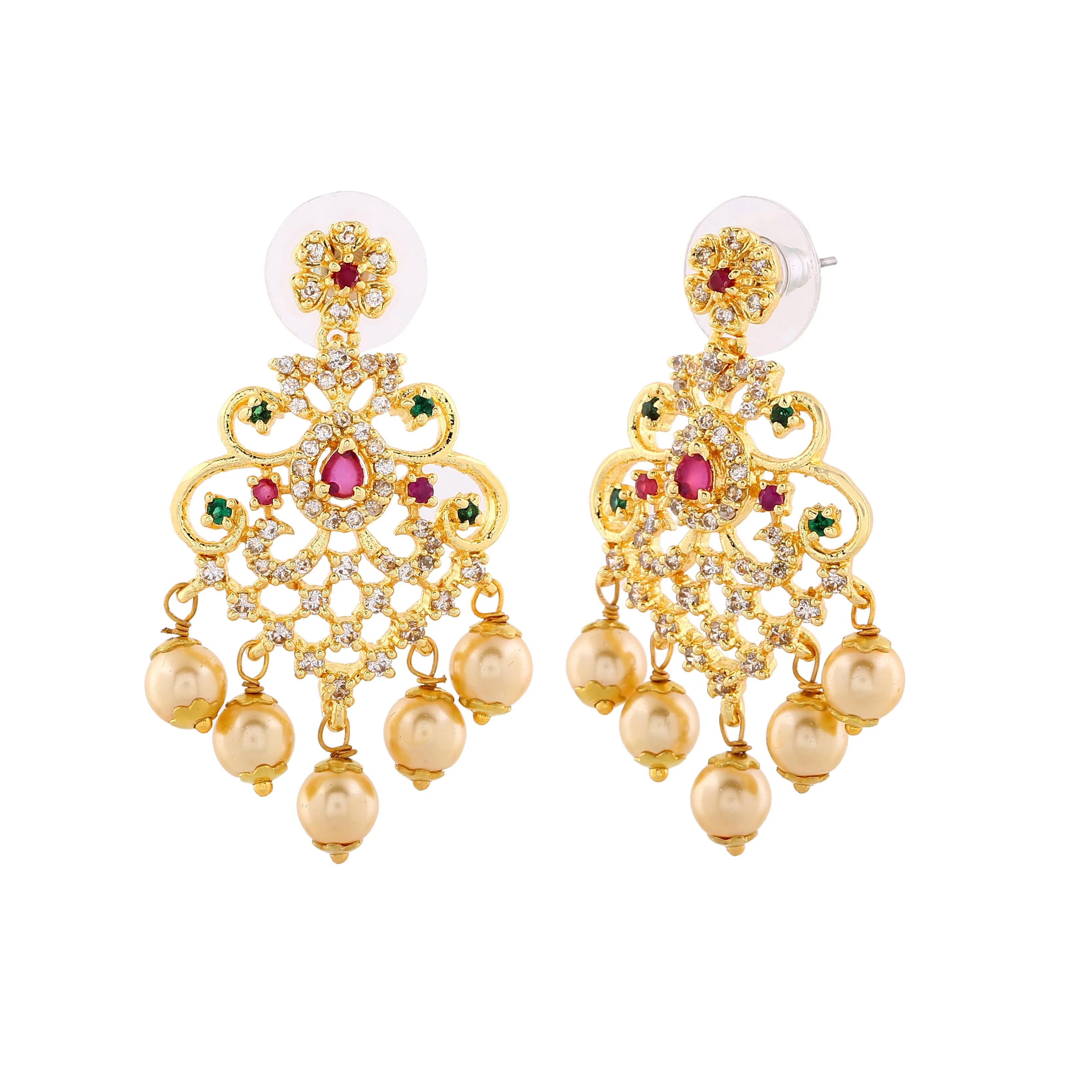 Estele Gold Plated CZ Manbhavan Earrings with Pearl & Multi Color Crystals for Women