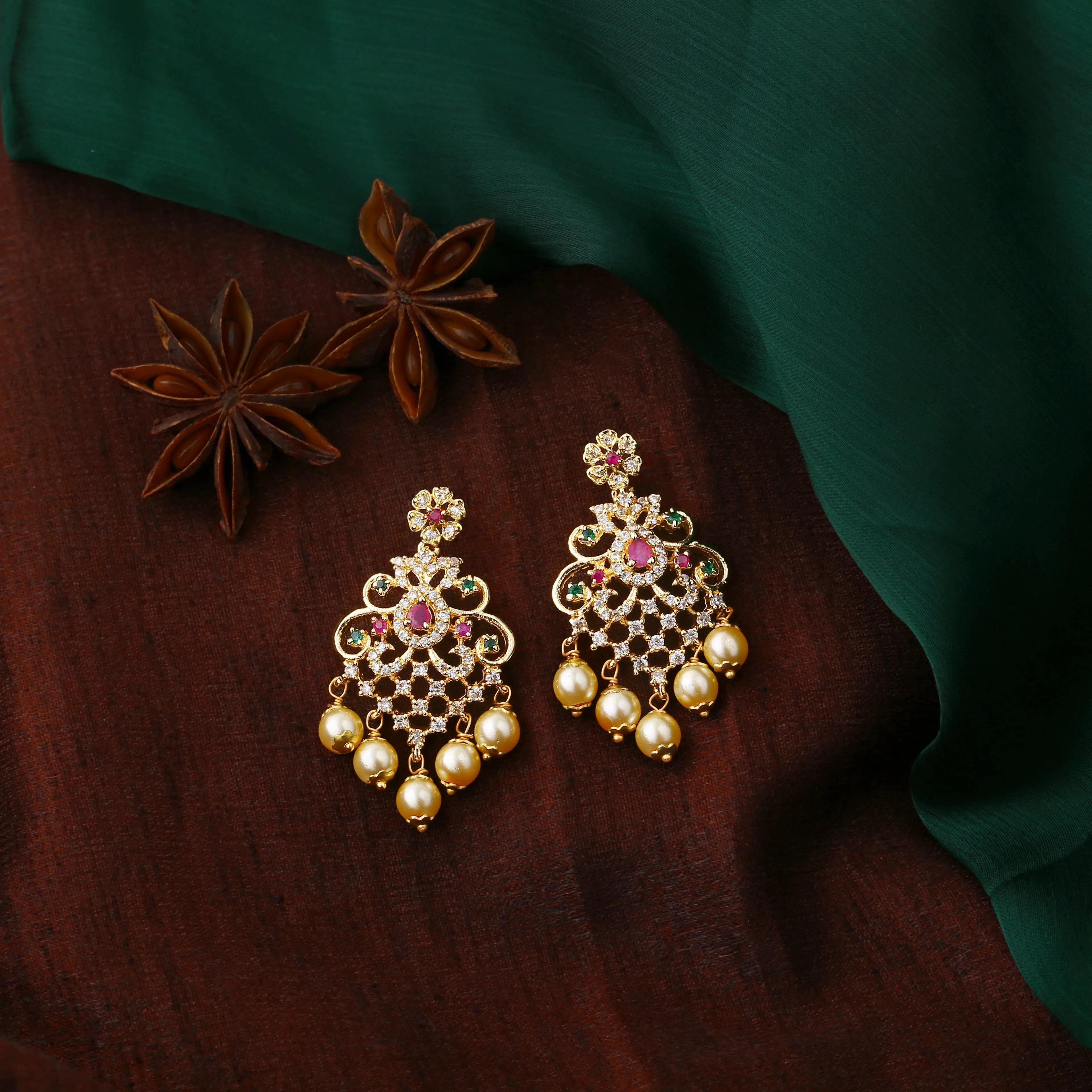 Estele Gold Plated CZ Manbhavan Earrings with Pearl & Multi Color Crystals for Women