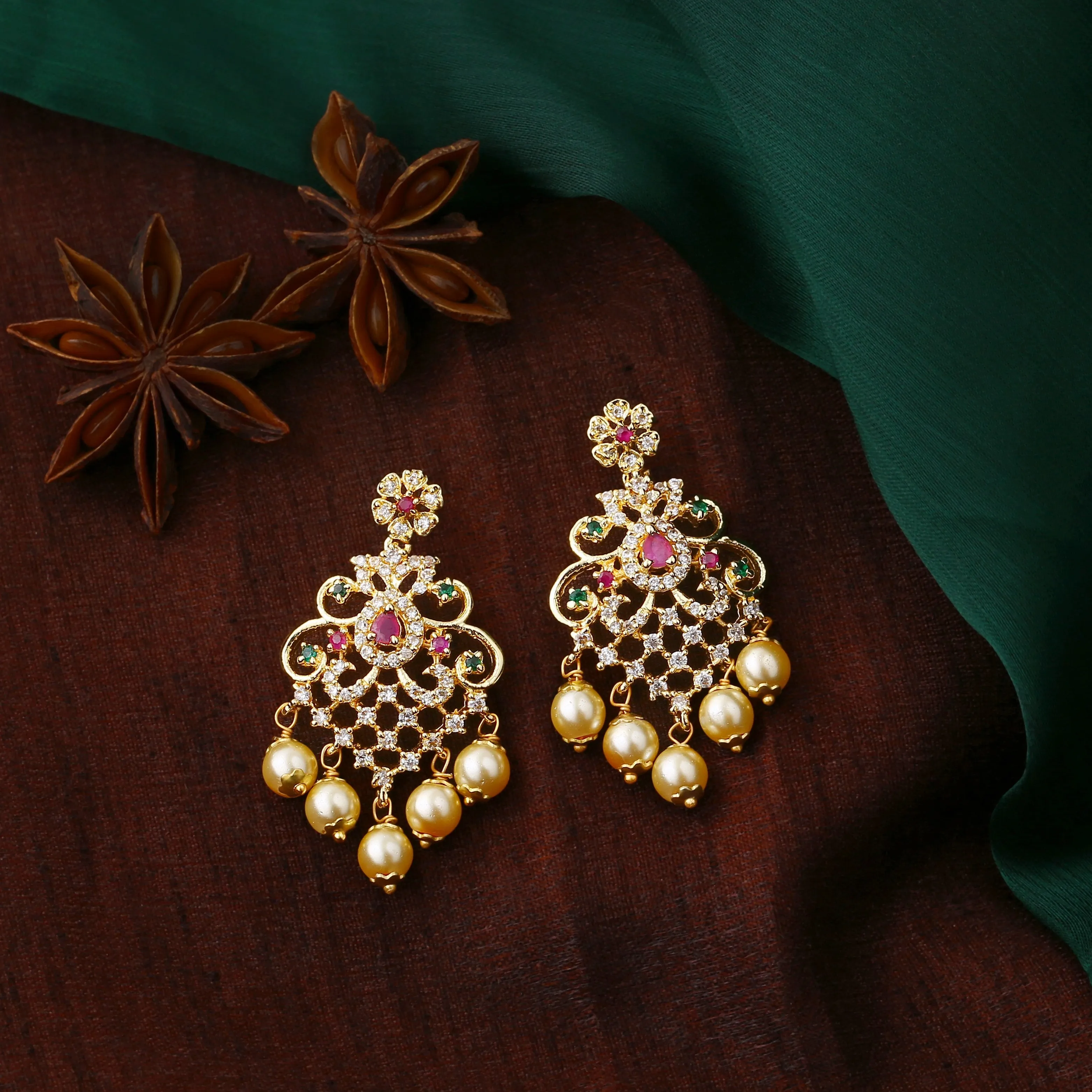 Estele Gold Plated CZ Manbhavan Earrings with Pearl & Multi Color Crystals for Women