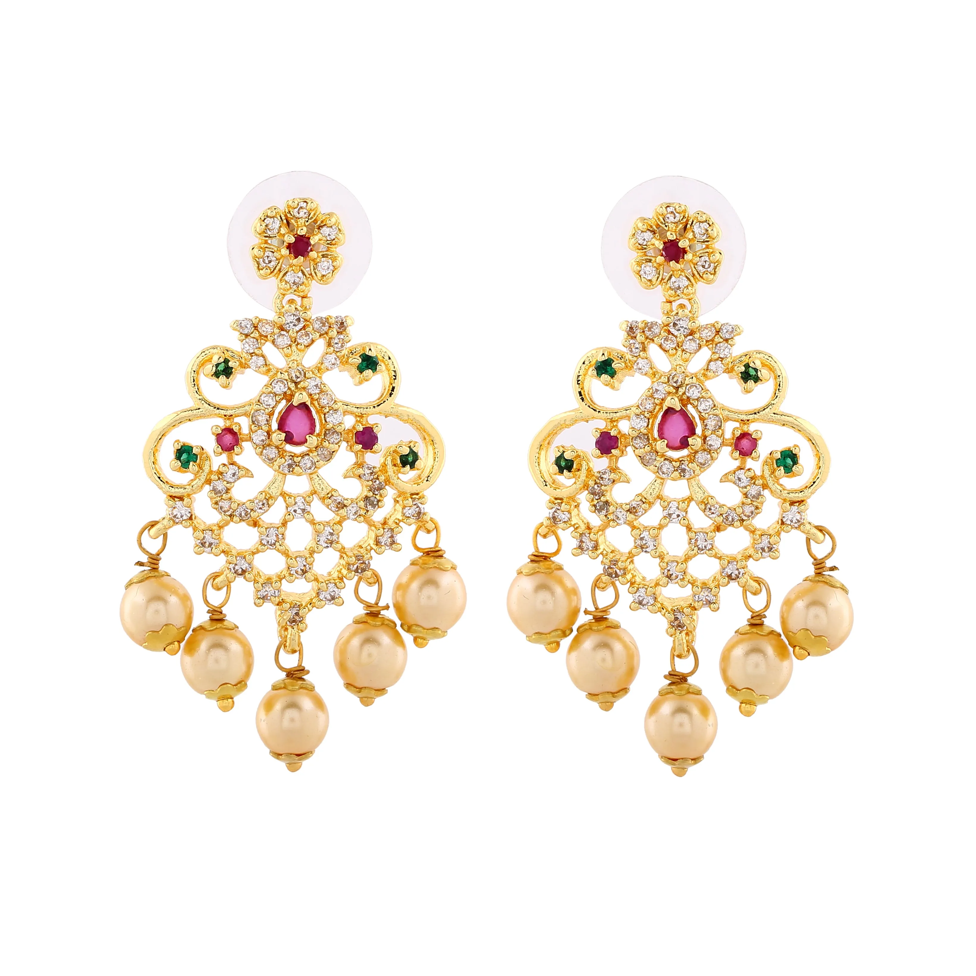 Estele Gold Plated CZ Manbhavan Earrings with Pearl & Multi Color Crystals for Women