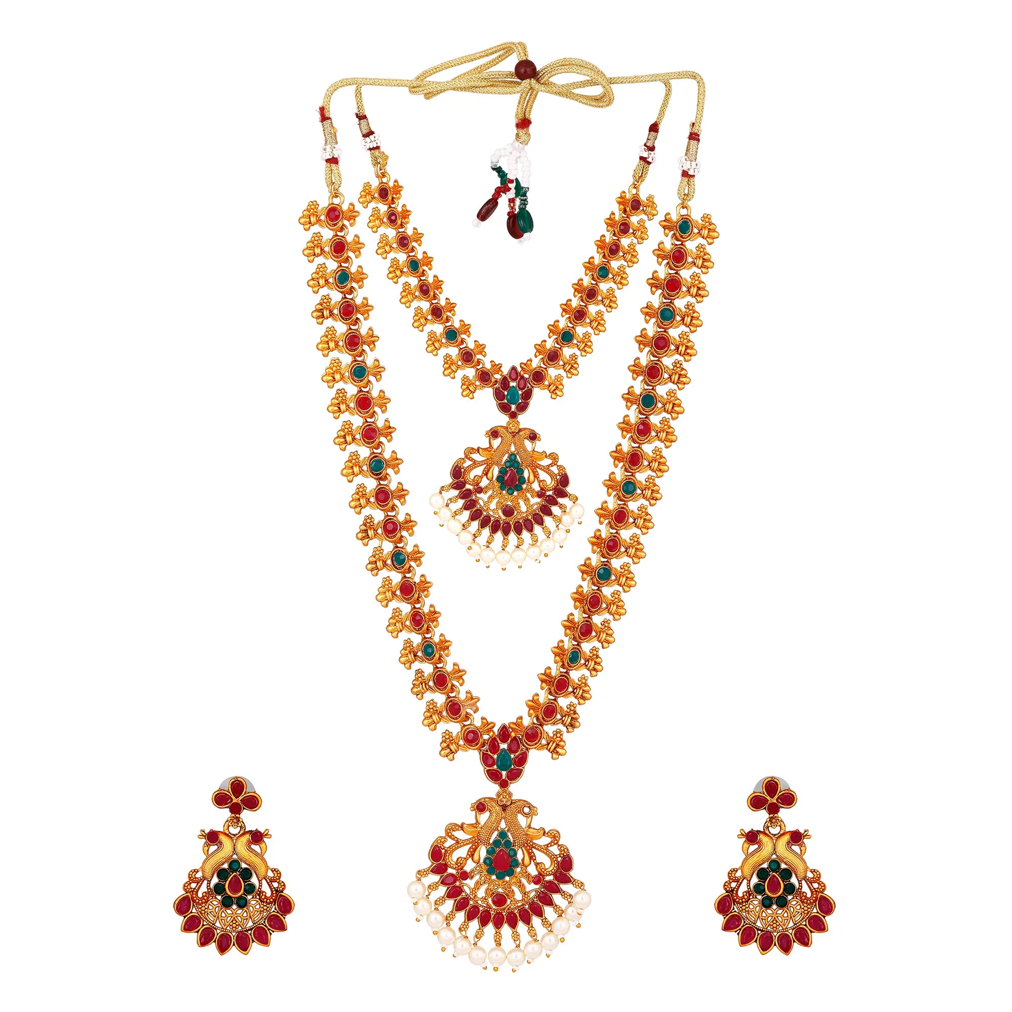 Estele Gold Plated Double line Peacock Nakshi Temple Necklace Set with Colored Stones & Pearls for Women