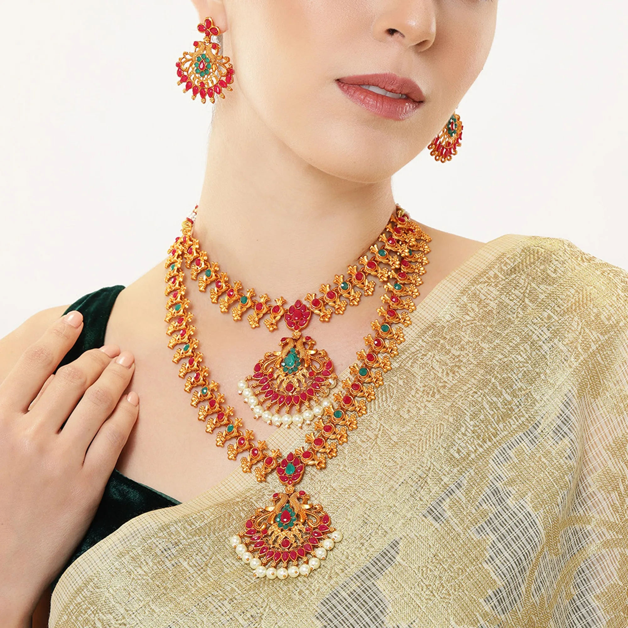 Estele Gold Plated Double line Peacock Nakshi Temple Necklace Set with Colored Stones & Pearls for Women