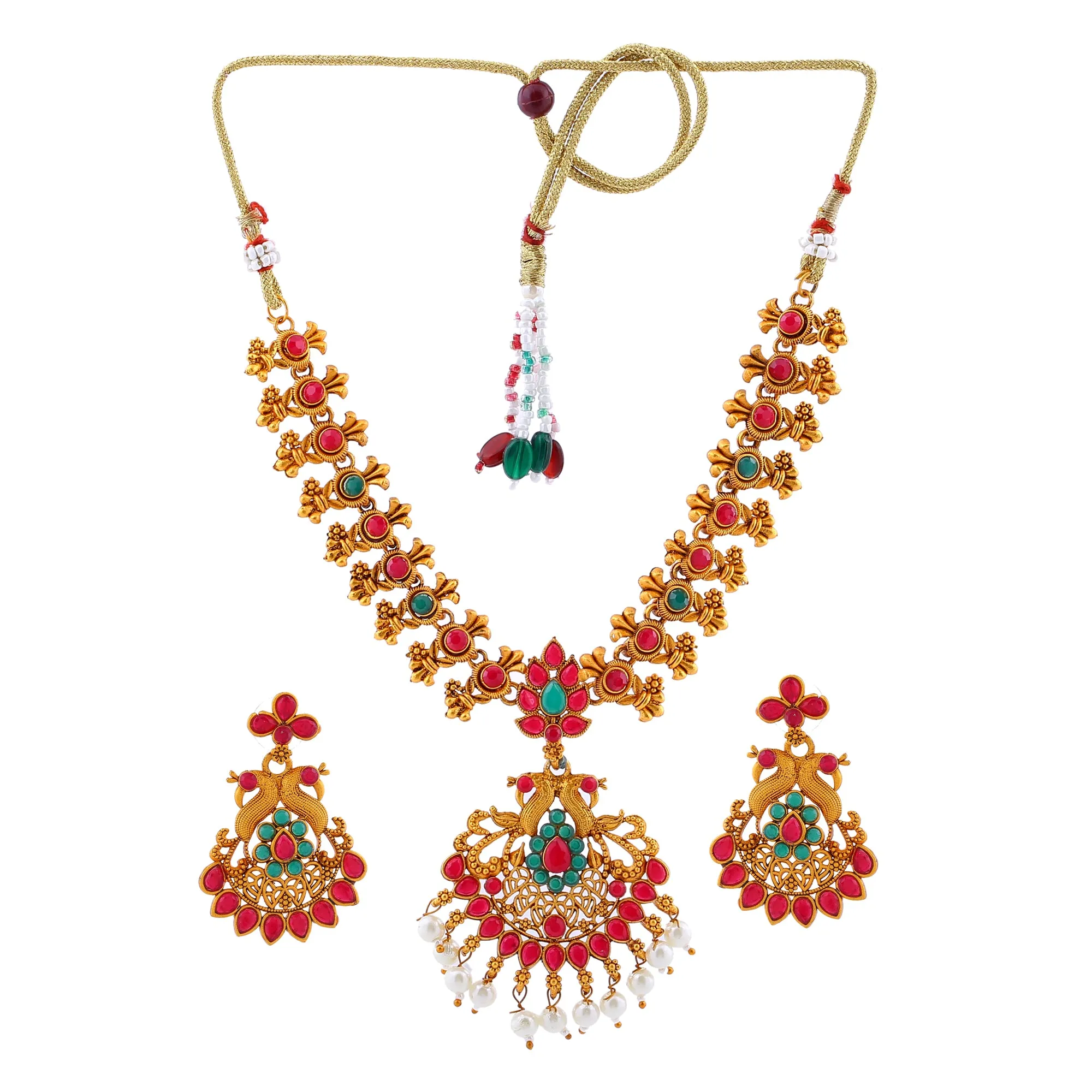 Estele Gold Plated Double line Peacock Nakshi Temple Necklace Set with Colored Stones & Pearls for Women