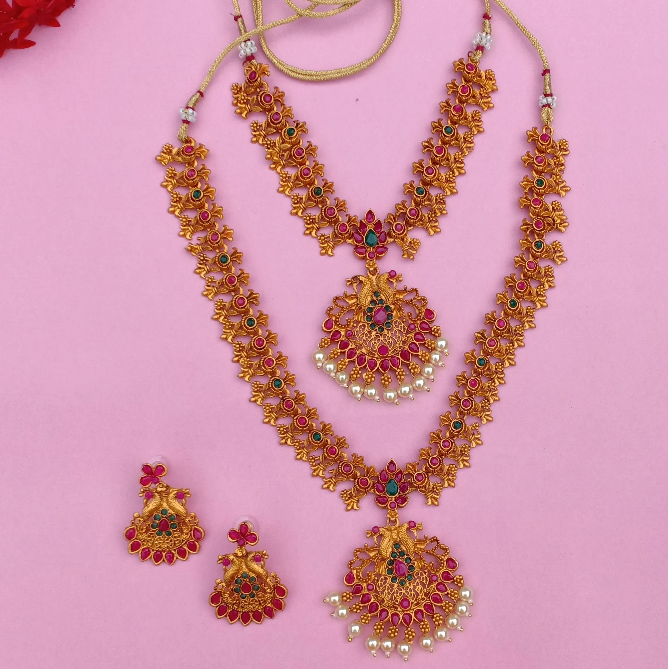 Estele Gold Plated Double line Peacock Nakshi Temple Necklace Set with Colored Stones & Pearls for Women