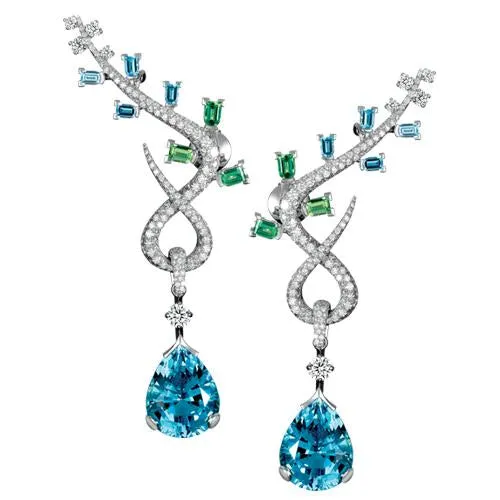 Feuillage High Jewelry Earrings, 18k White Gold with DAVIDOR Arch Cut Aquamarines and Green Tourmalines, Brilliant Diamonds and Pear shape Aquamarines