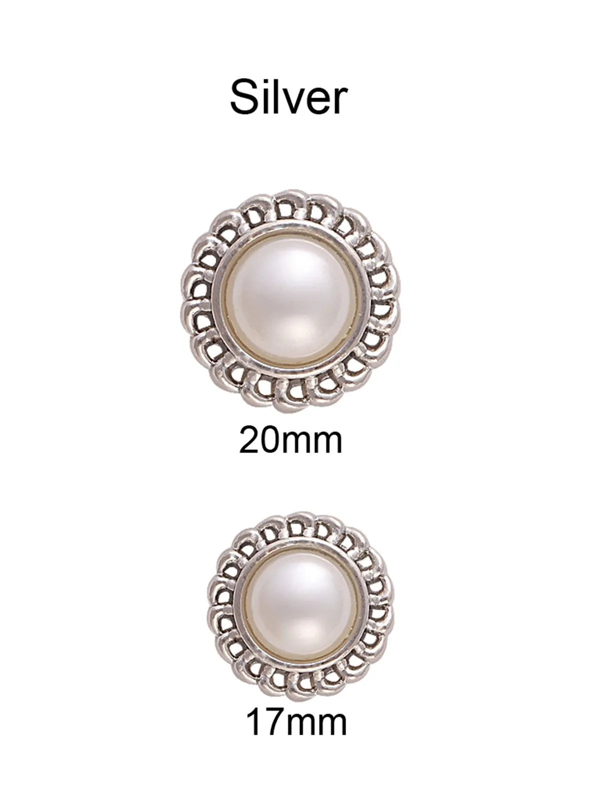 Flower Design Round Shape Shiny Silver Pearl Metal Button