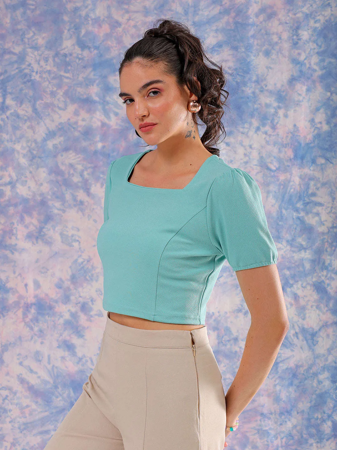 Freehand Women Green Fitted Textured Square Neck Crop Top